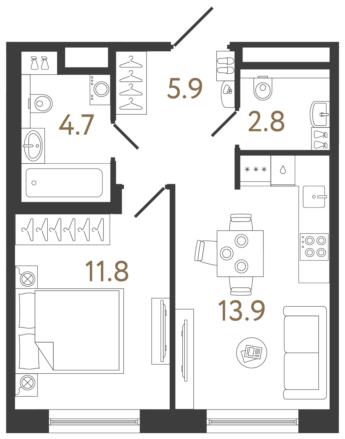 Планировка 1-комнатная 39,1 м² в жилом комплексе «Передвижники 2» — Жилой комплекс «Передвижники 2»