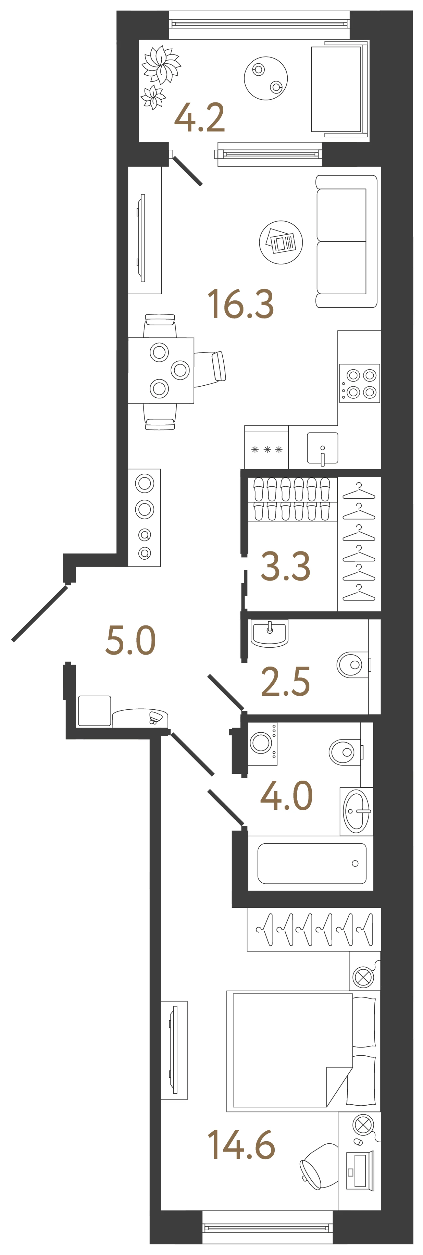 Планировка 1-комнатная 45,7 м² в жилом комплексе «Передвижники 2» — Жилой комплекс «Передвижники 2»