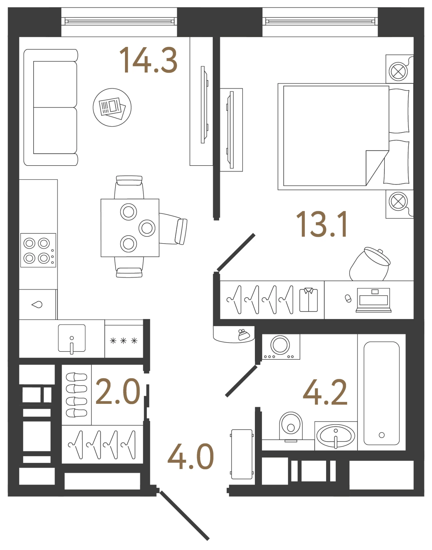Планировка 1-комнатная 37,6 м² в жилом комплексе «Передвижники 2» — Жилой комплекс «Передвижники 2»