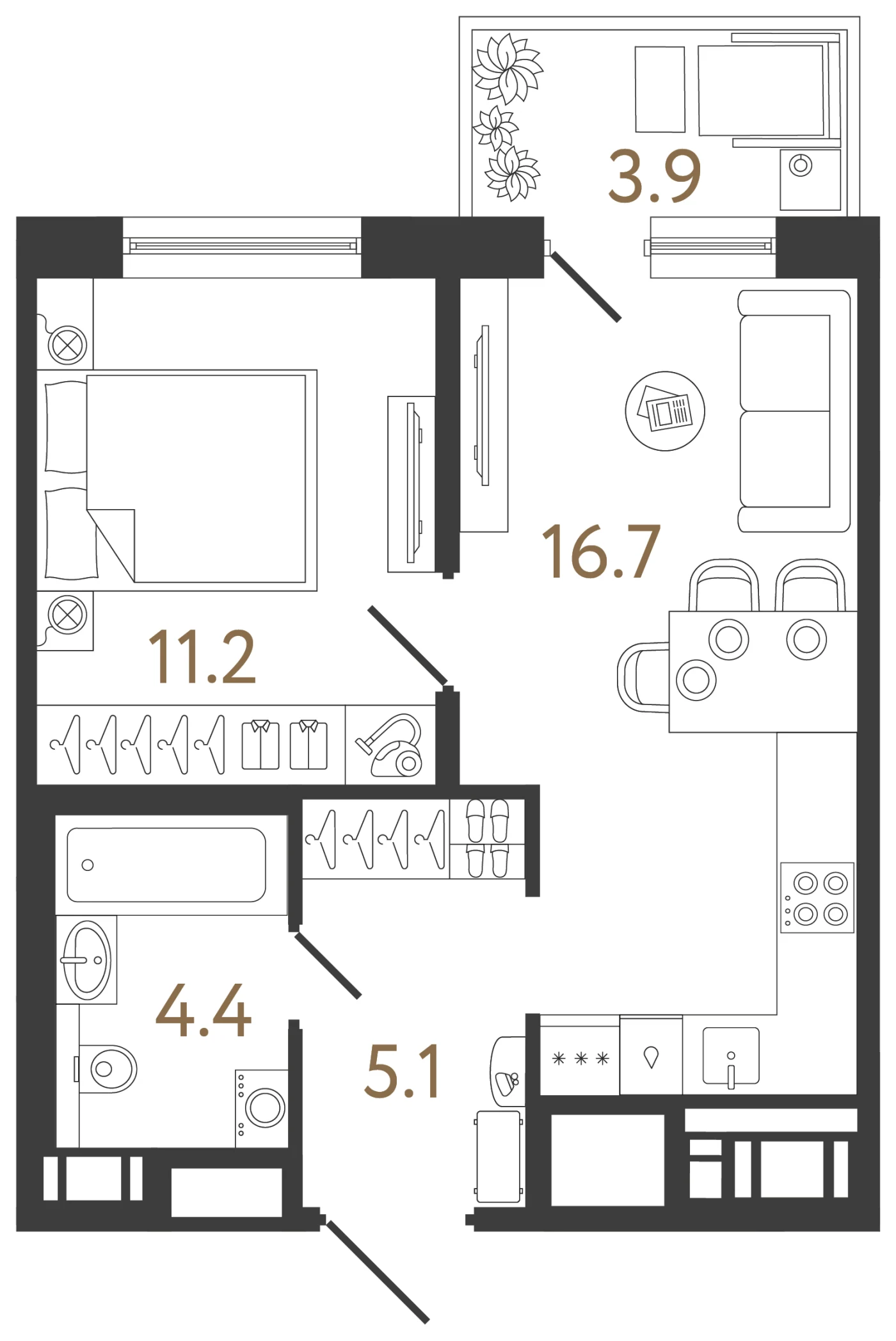 Планировка 1-комнатная 37,4 м² в жилом комплексе «Передвижники 2» — Жилой комплекс «Передвижники 2»