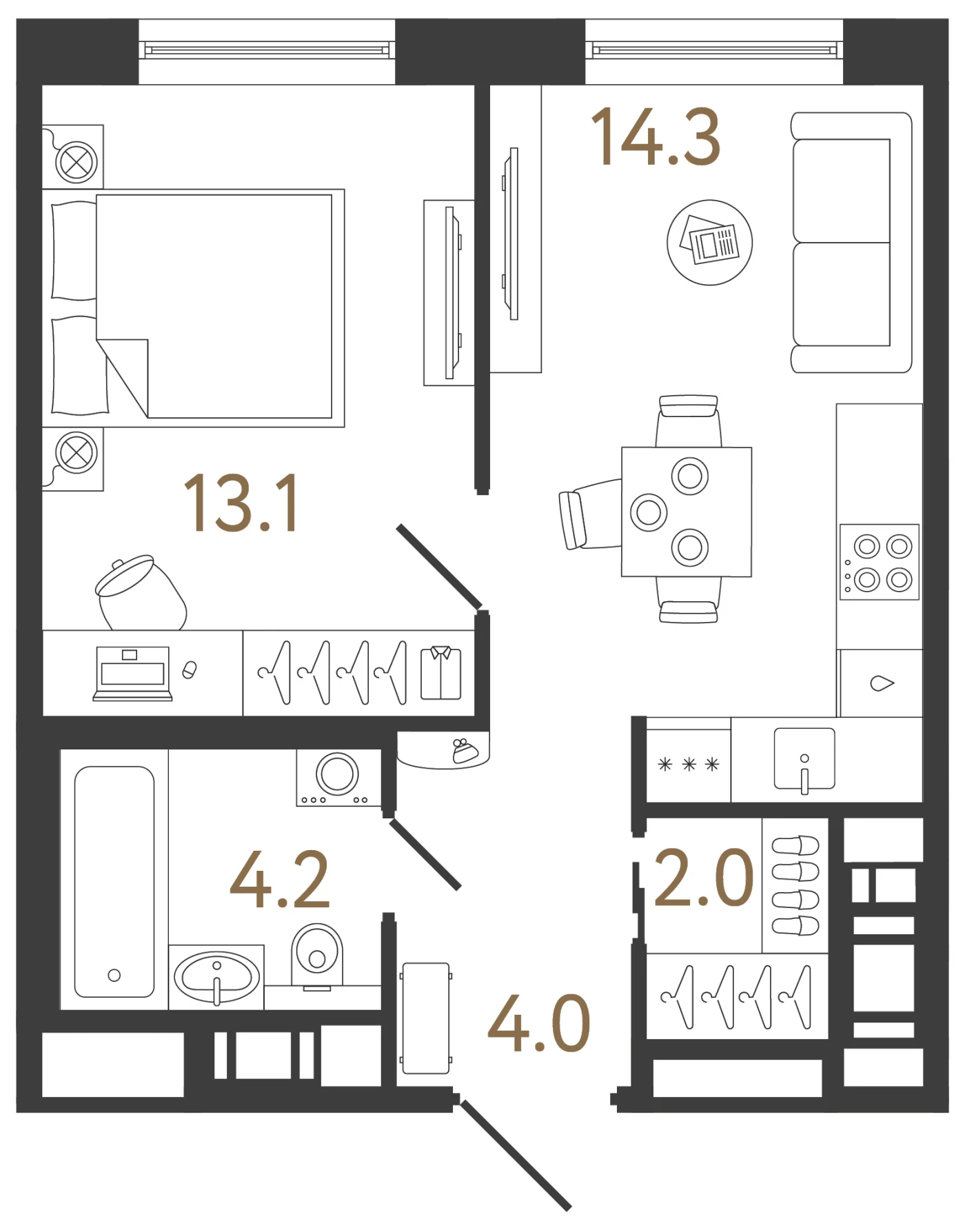 Планировка 1-комнатная 37,6 м² в жилом комплексе «Передвижники 2» — Жилой комплекс «Передвижники 2»