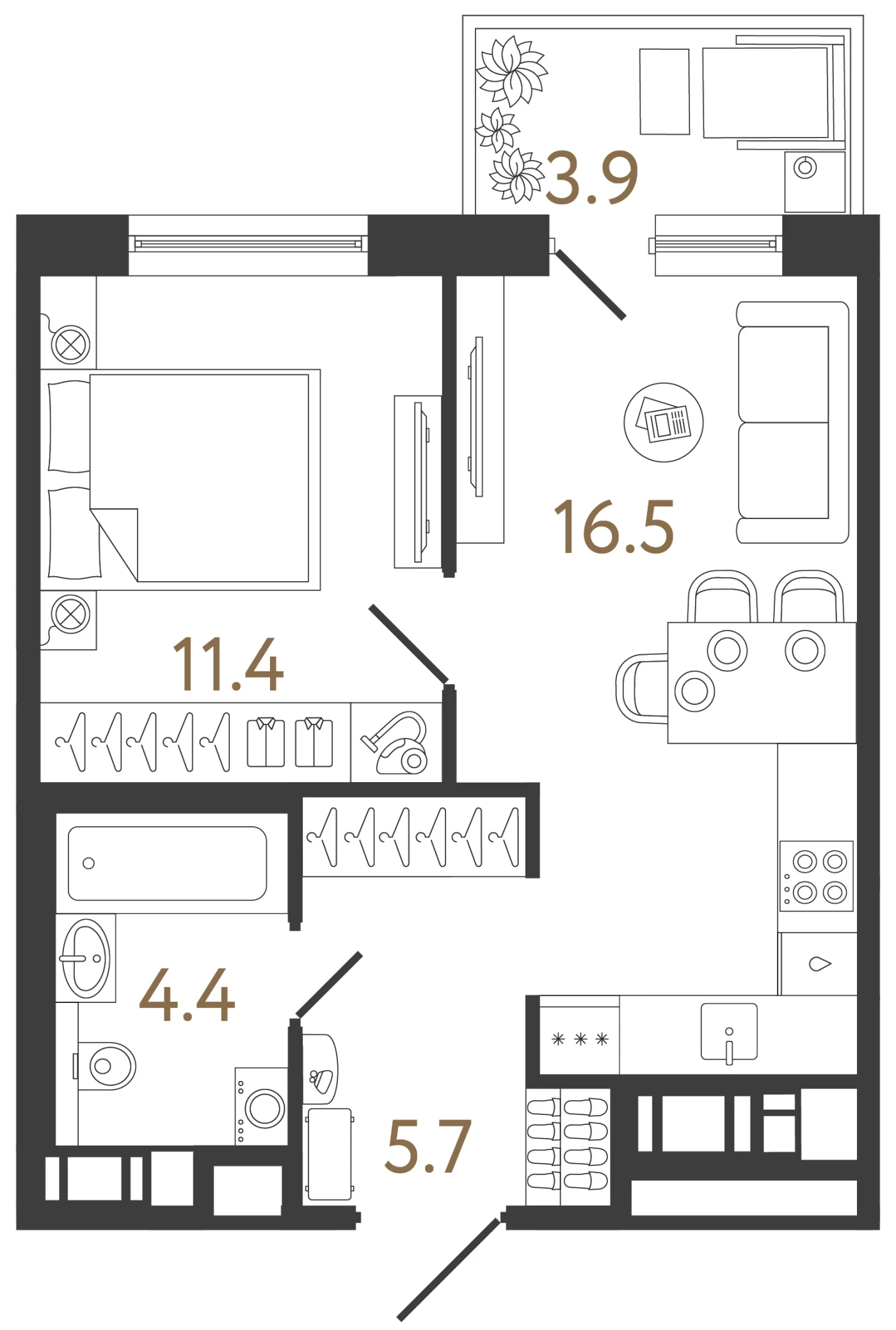 Планировка 1-комнатная 38 м² в жилом комплексе «Передвижники 2» — Жилой комплекс «Передвижники 2»