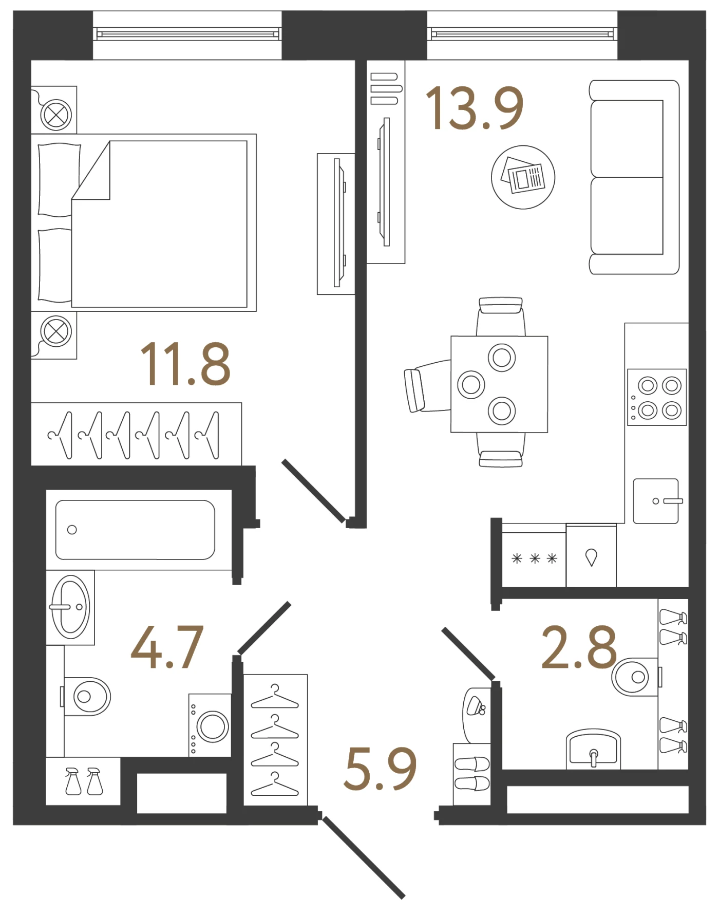 Планировка 1-комнатная 39,1 м² в жилом комплексе «Передвижники 2» — Жилой комплекс «Передвижники 2»
