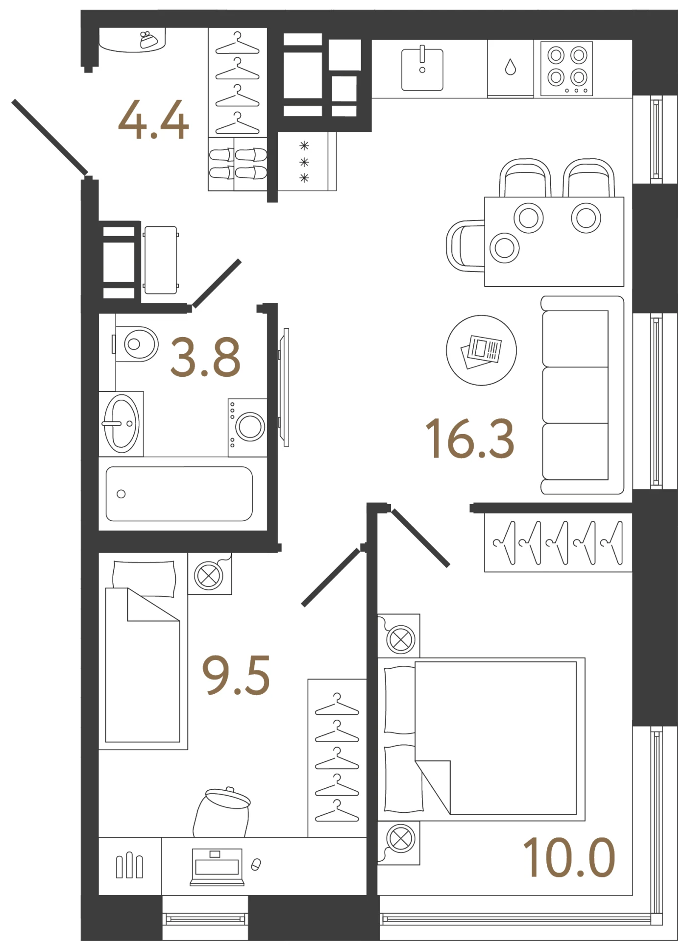 Планировка 2-комнатная 44 м² в жилом комплексе «Передвижники 2» — Жилой комплекс «Передвижники 2»