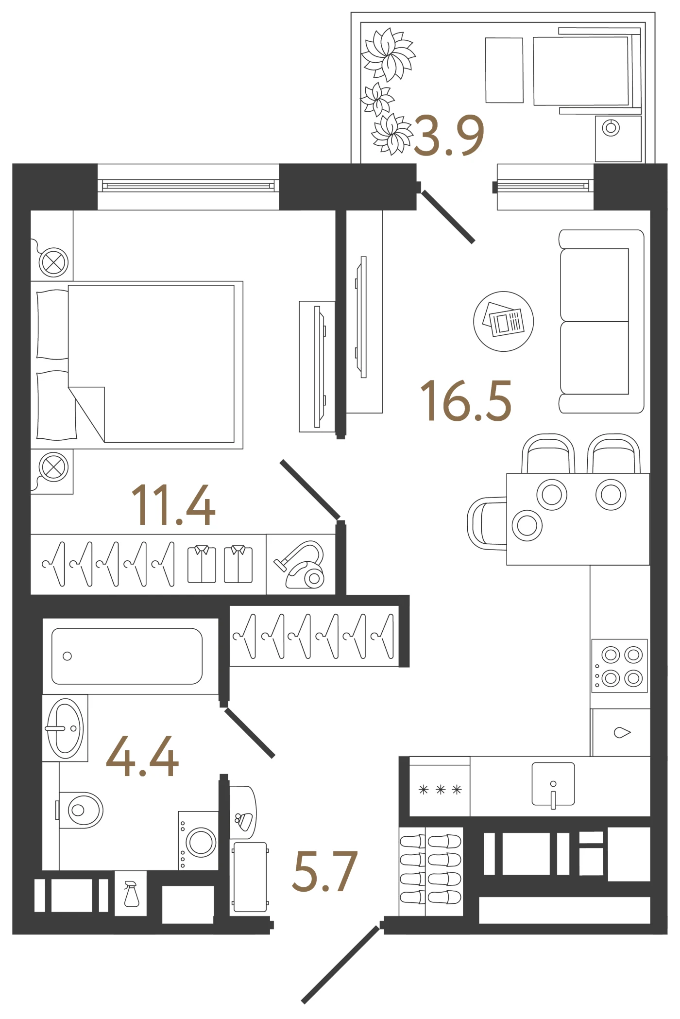 Планировка 1-комнатная 38 м² в жилом комплексе «Передвижники 2» — Жилой комплекс «Передвижники 2»