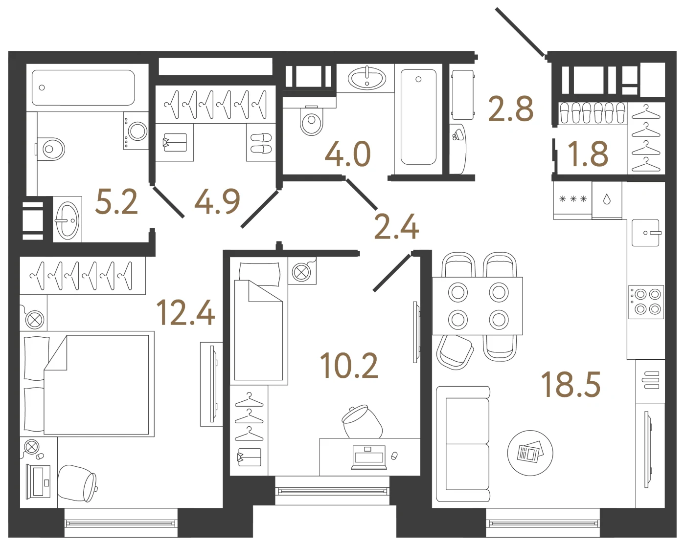 Планировка 2-комнатная 62,2 м² в жилом комплексе «Передвижники 2» — Жилой комплекс «Передвижники 2»
