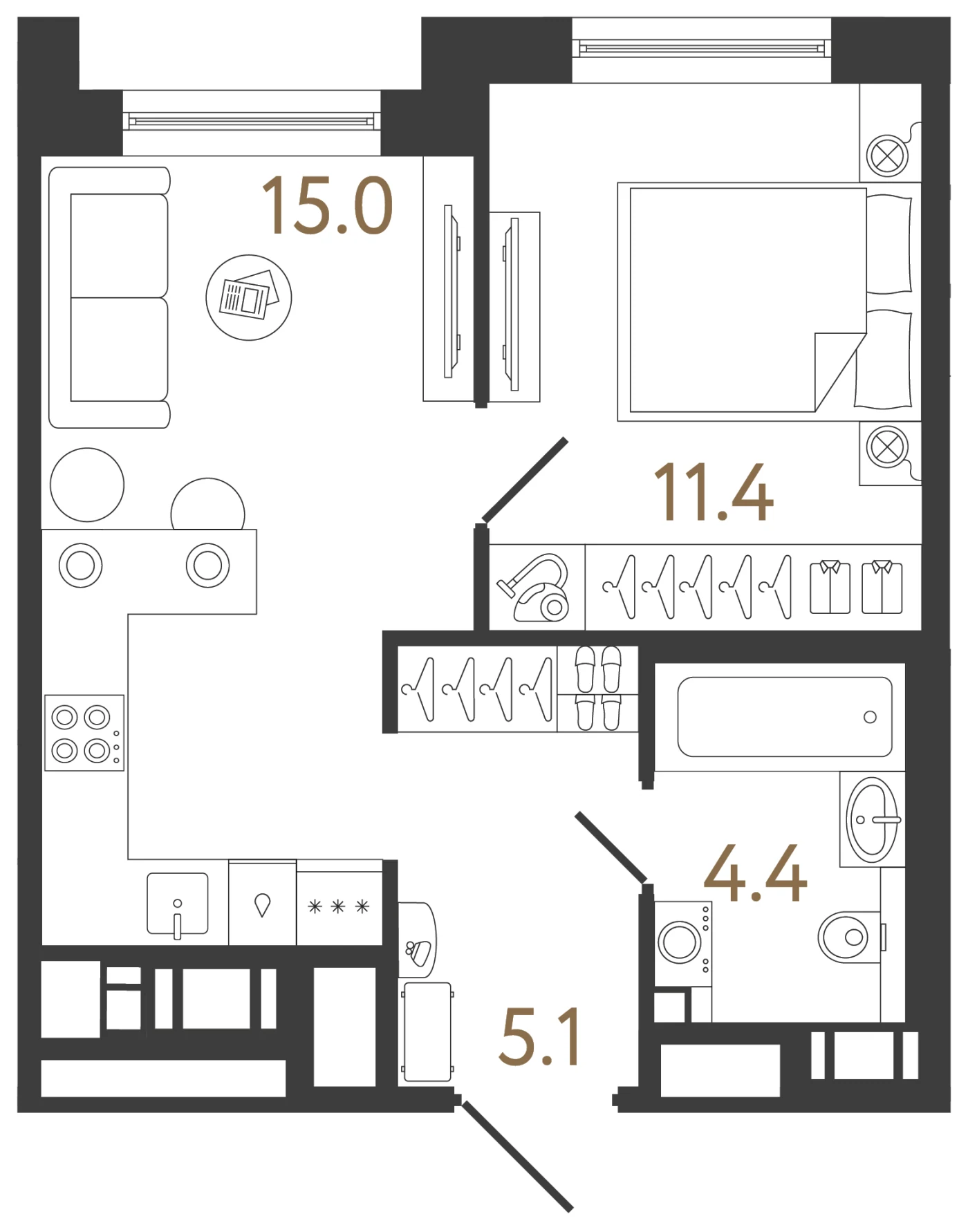 Планировка 1-комнатная 35,9 м² в жилом комплексе «Передвижники 2» — Жилой комплекс «Передвижники 2»