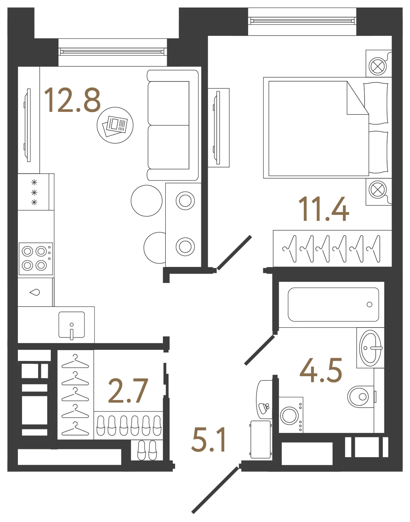 Планировка 1-комнатная 36,5 м² в жилом комплексе «Передвижники 2» — Жилой комплекс «Передвижники 2»