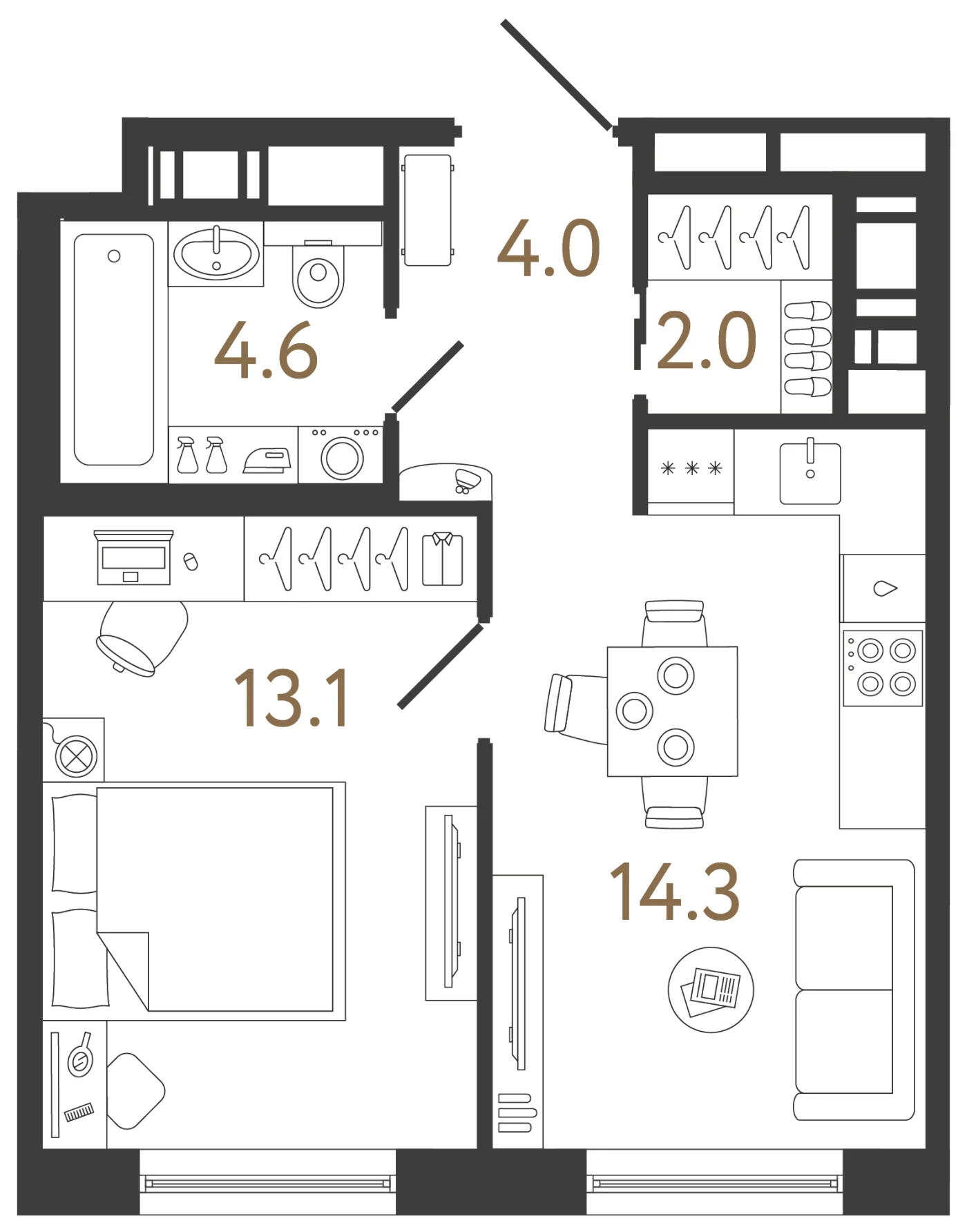 Планировка 1-комнатная 38 м² в жилом комплексе «Передвижники 2» — Жилой комплекс «Передвижники 2»