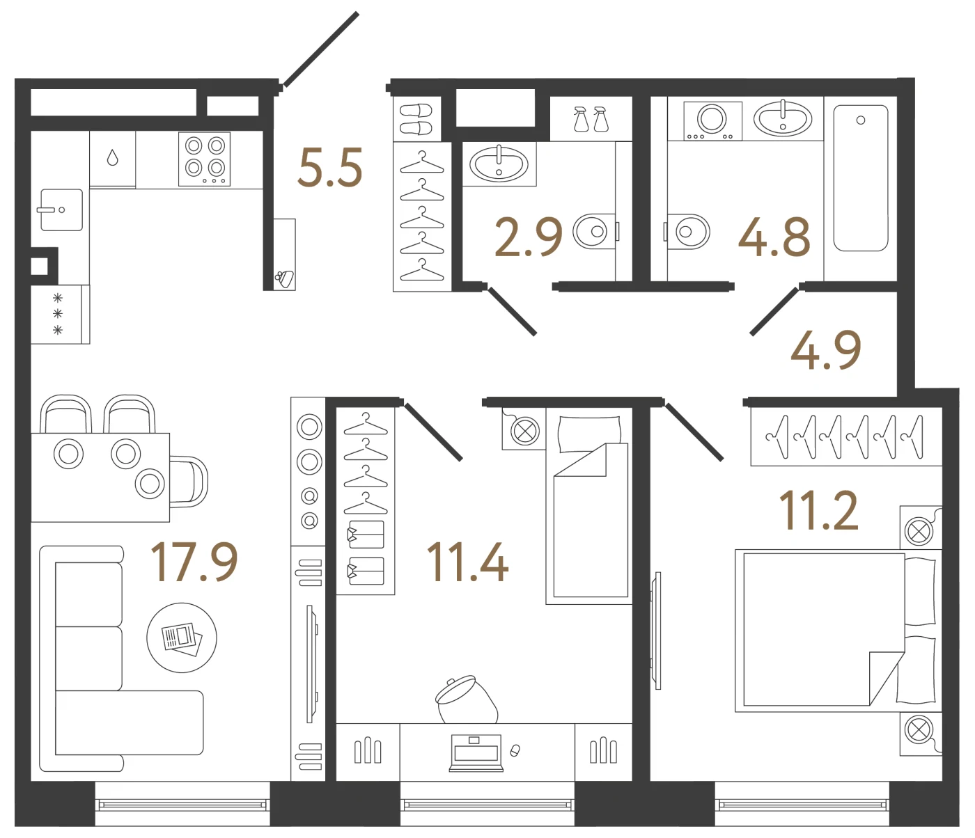 Планировка 2-комнатная 58,6 м² в жилом комплексе «Передвижники 2» — Жилой комплекс «Передвижники 2»