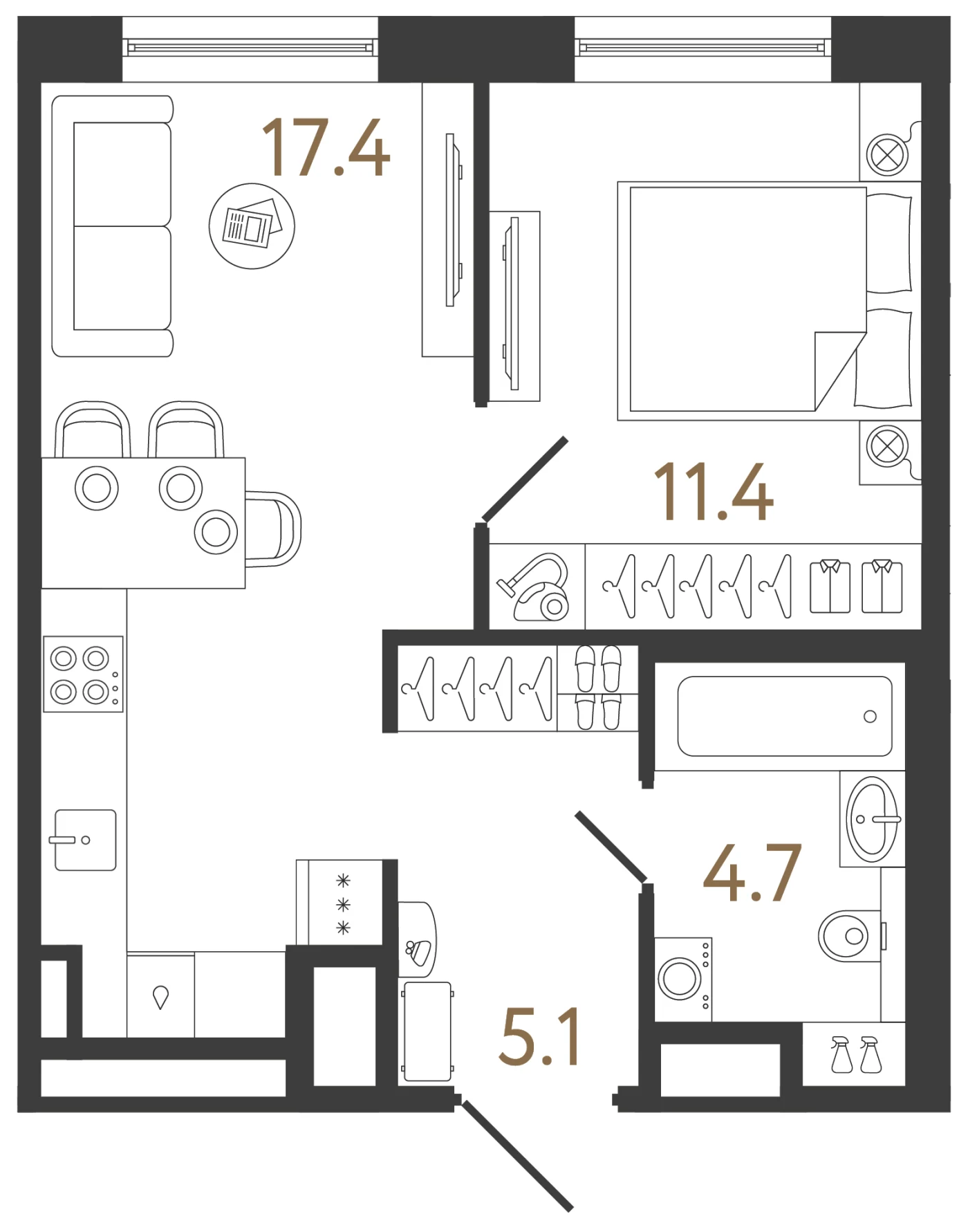 Планировка 1-комнатная 38,6 м² в жилом комплексе «Передвижники 2» — Жилой комплекс «Передвижники 2»