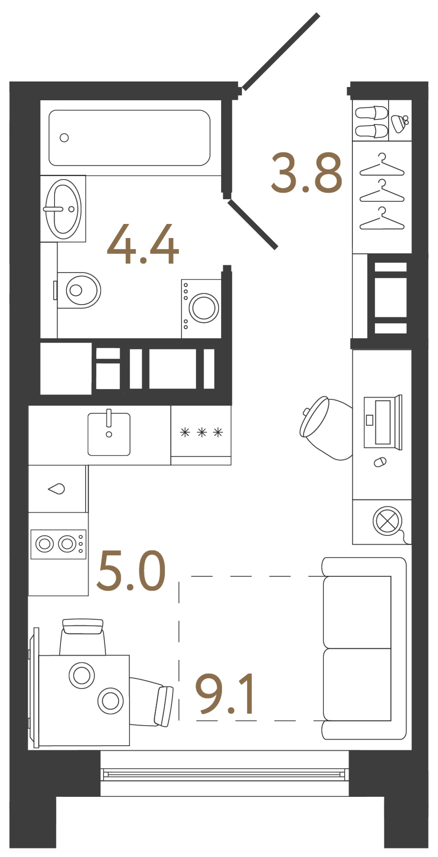 Планировка студия 22,3 м² в жилом комплексе «Передвижники 2» — Жилой комплекс «Передвижники 2»