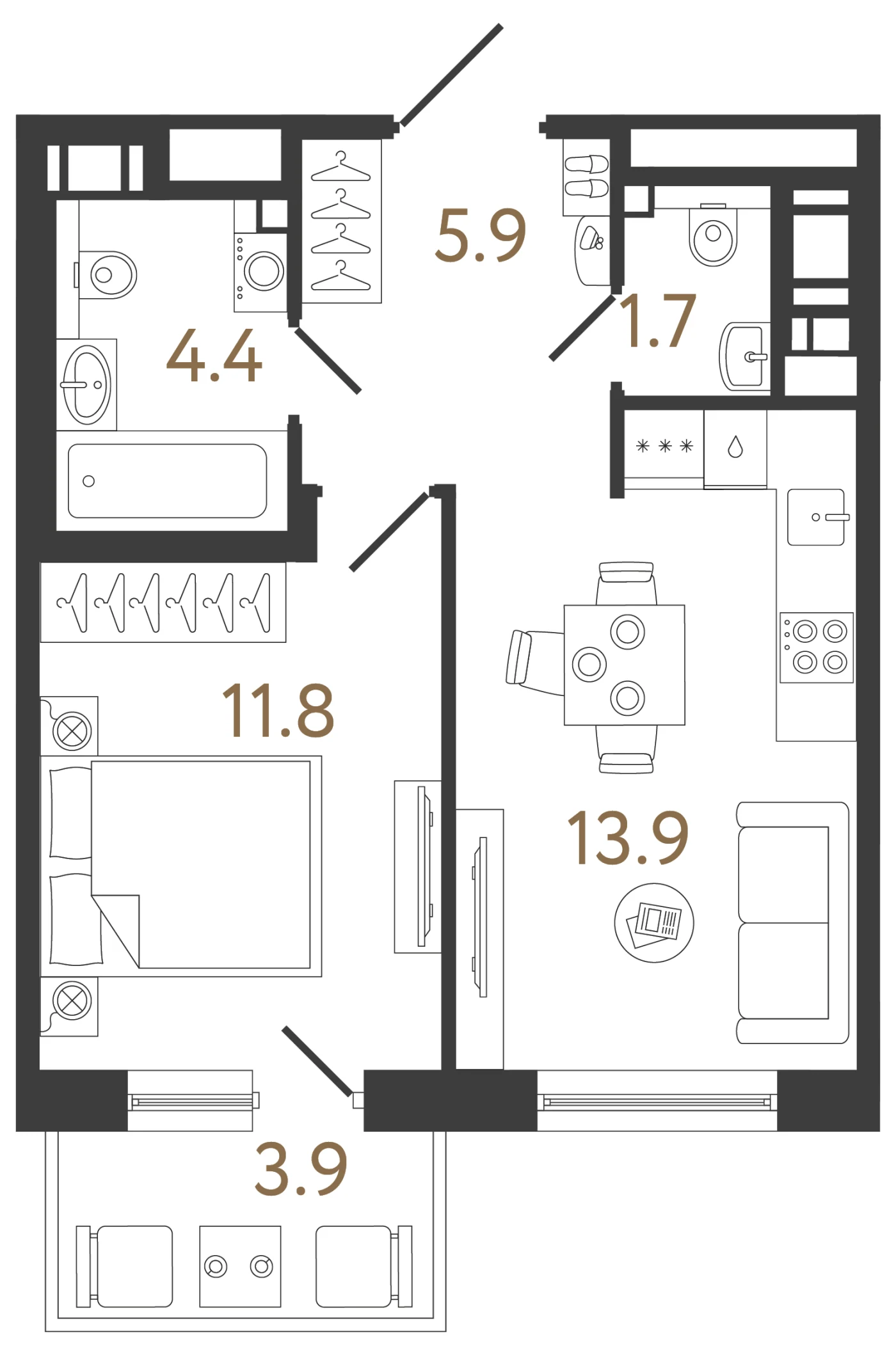 Планировка 1-комнатная 37,7 м² в жилом комплексе «Передвижники 2» — Жилой комплекс «Передвижники 2»