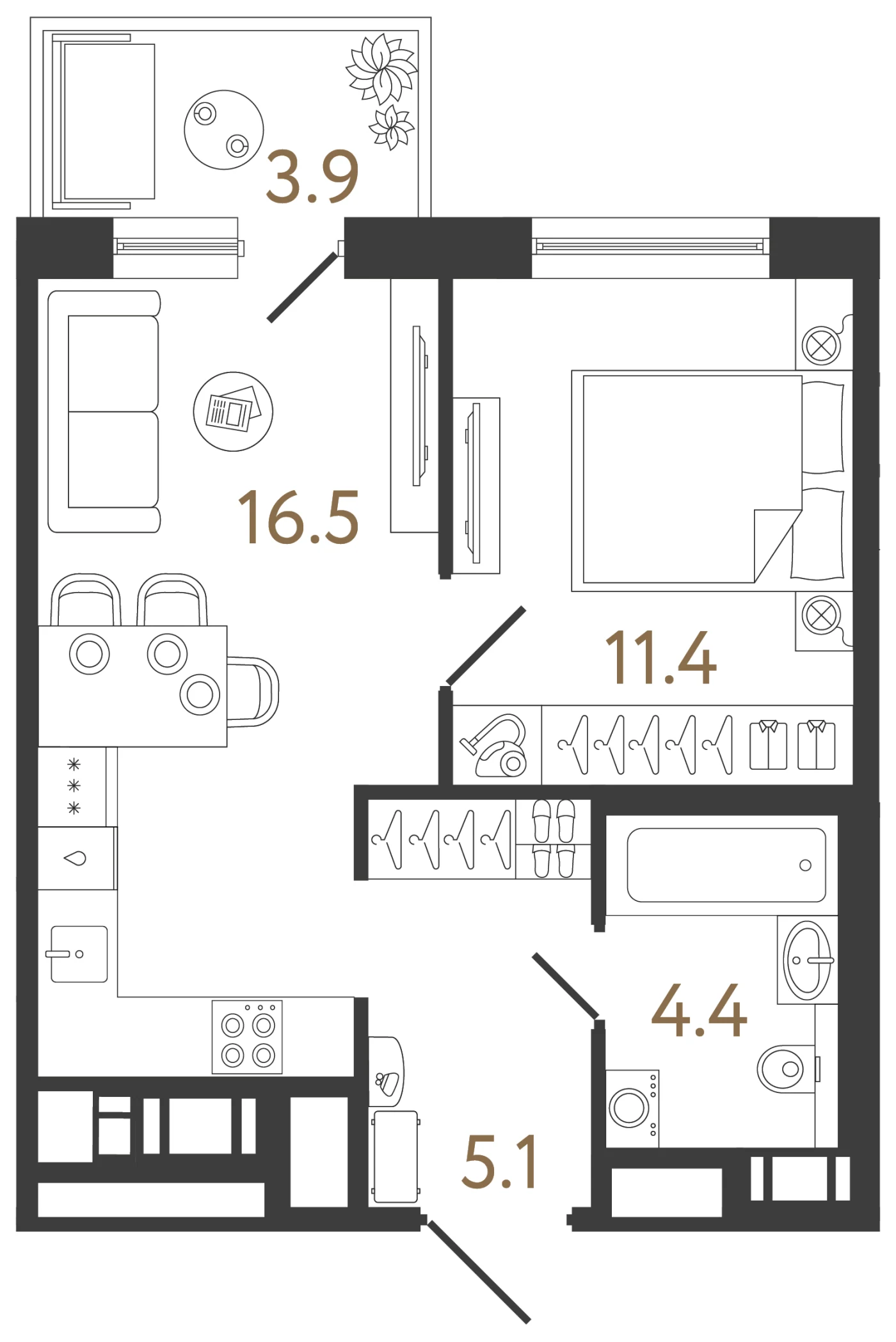Планировка 1-комнатная 37,4 м² в жилом комплексе «Передвижники 2» — Жилой комплекс «Передвижники 2»