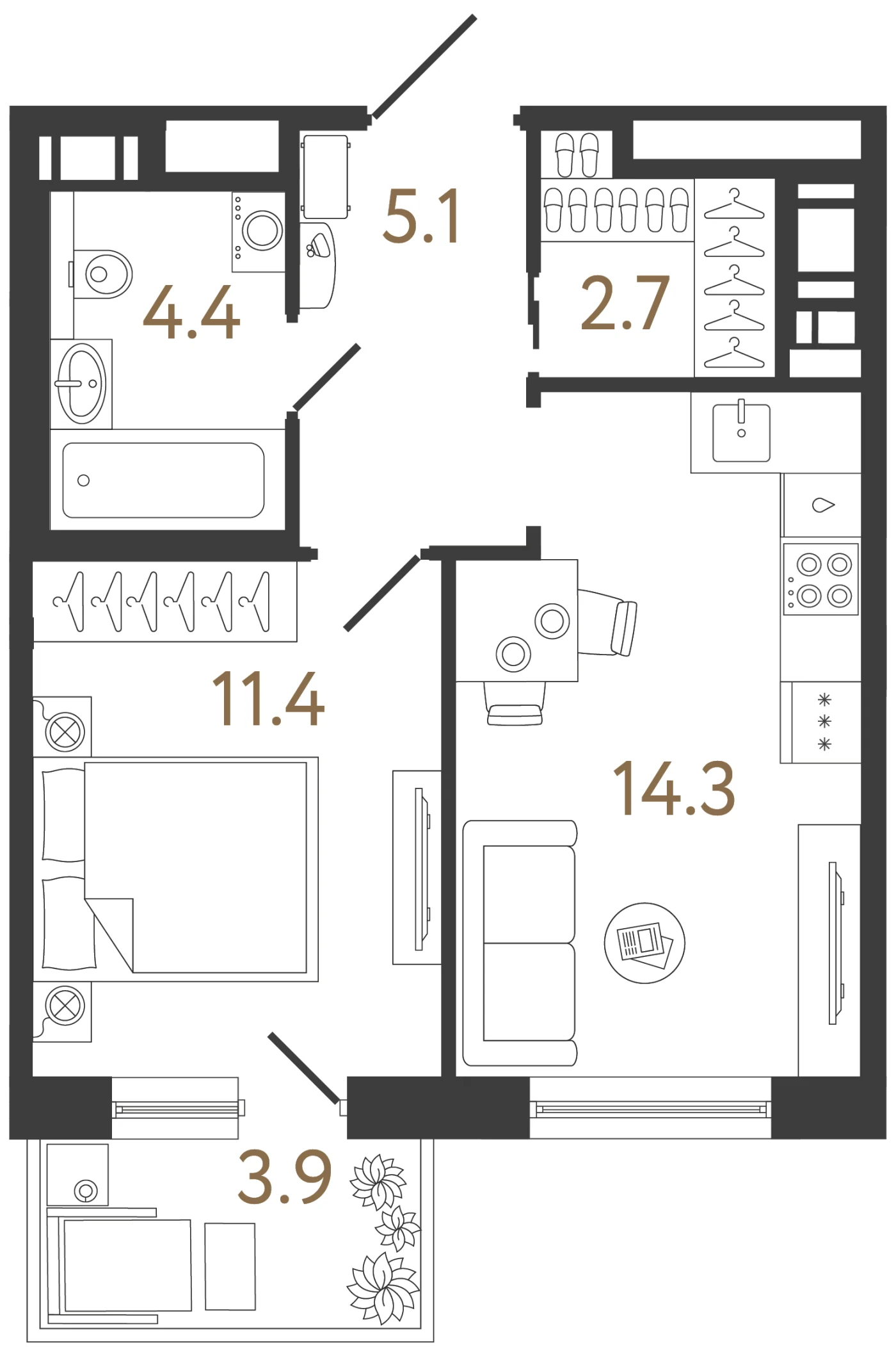 Планировка 1-комнатная 37,9 м² в жилом комплексе «Передвижники 2» — Жилой комплекс «Передвижники 2»