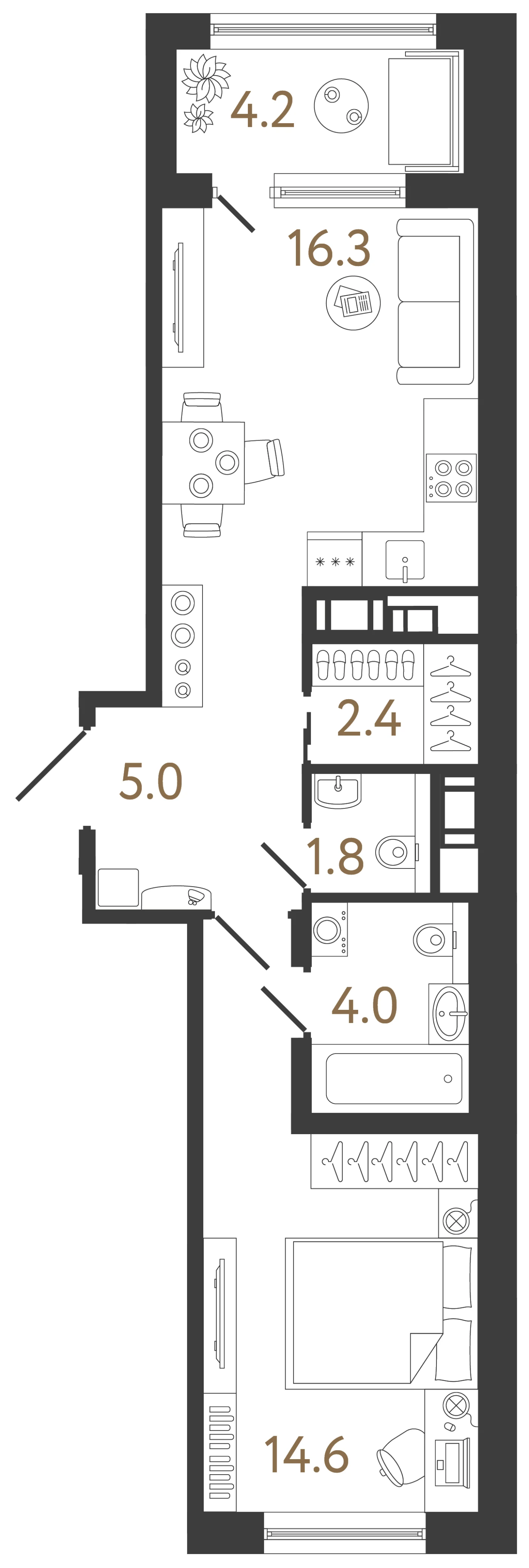 Планировка 1-комнатная 44,1 м² в жилом комплексе «Передвижники 2» — Жилой комплекс «Передвижники 2»
