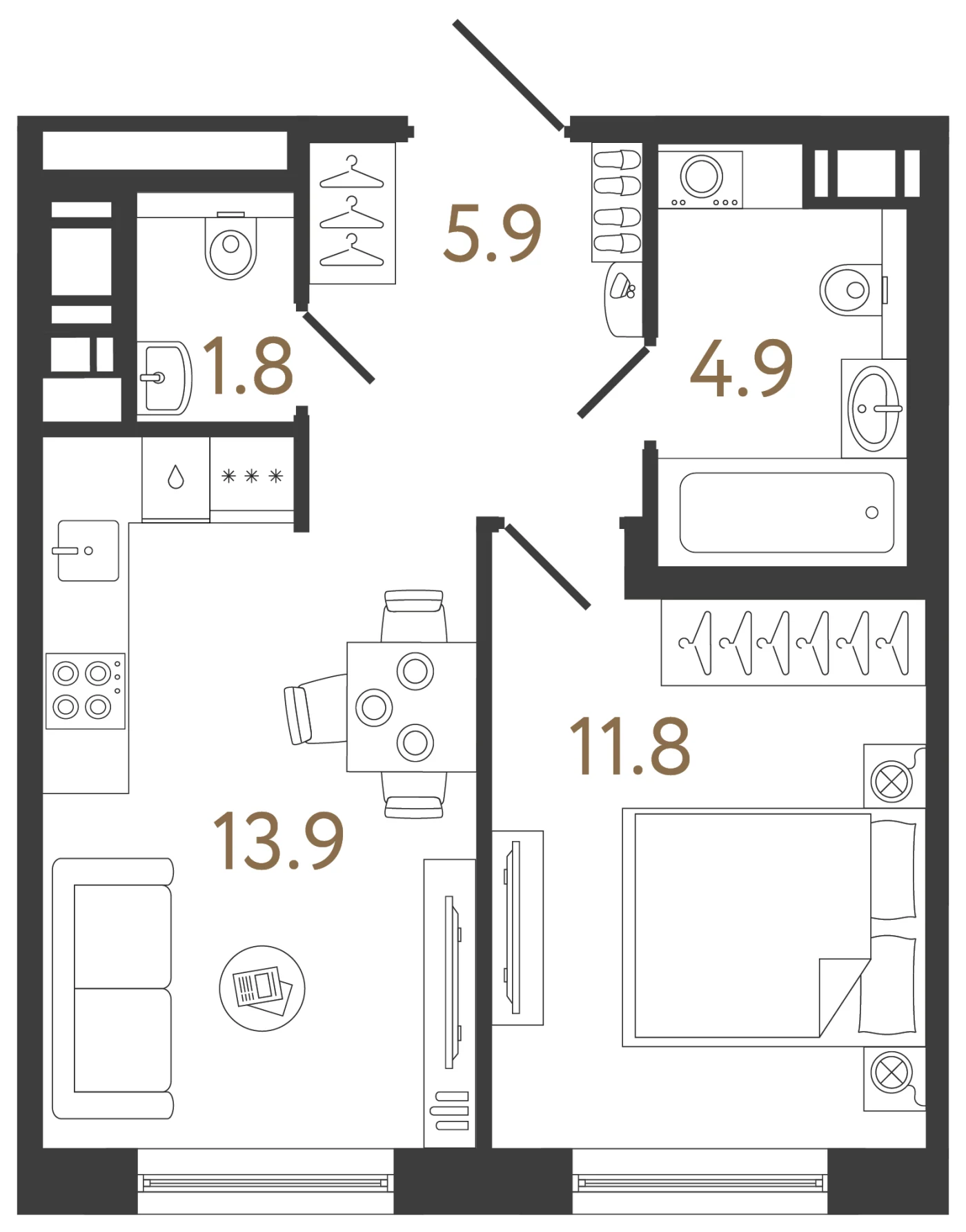 Планировка 1-комнатная 38,3 м² в жилом комплексе «Передвижники 2» — Жилой комплекс «Передвижники 2»