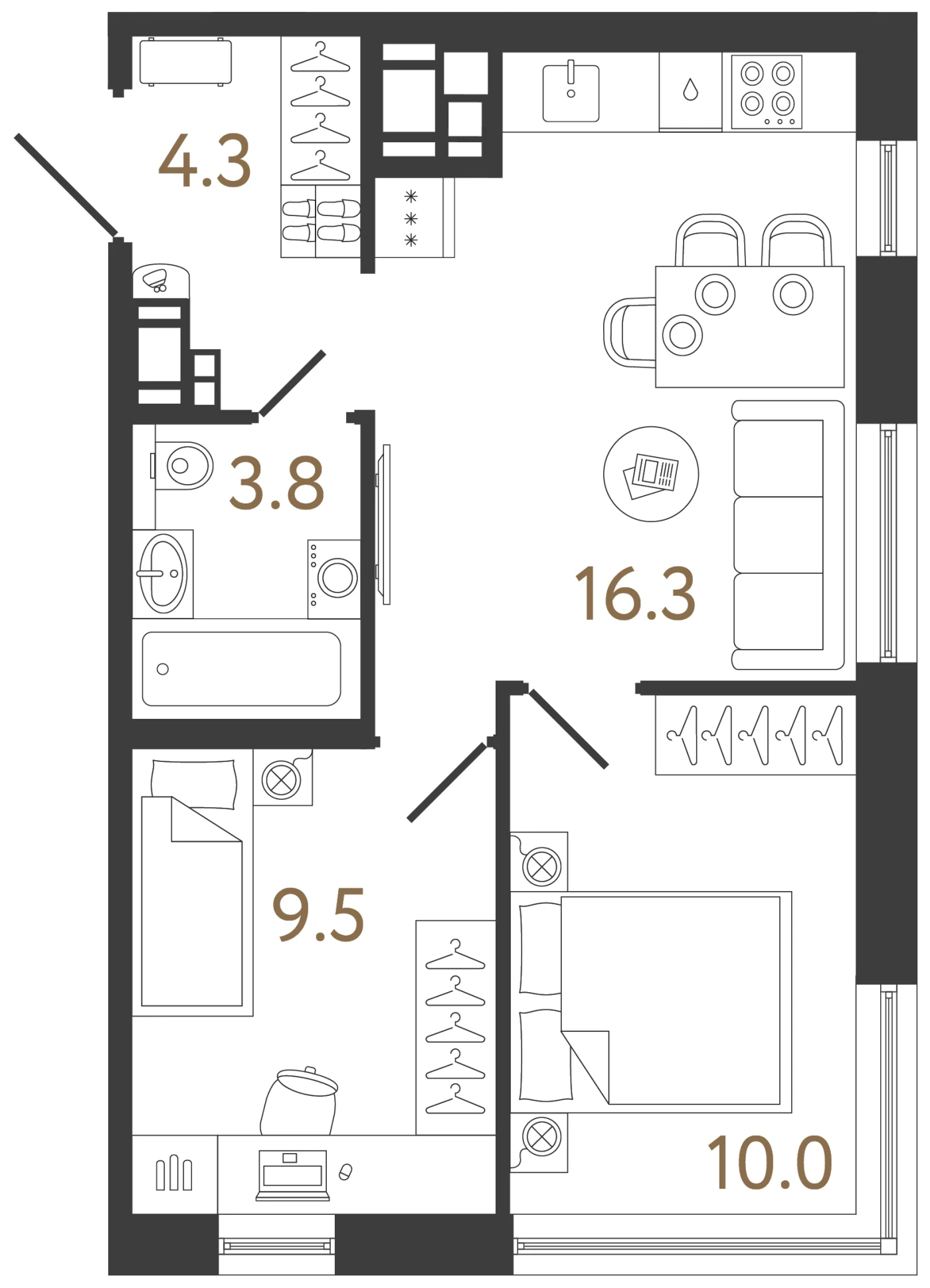 Планировка 2-комнатная 43,9 м² в жилом комплексе «Передвижники 2» — Жилой комплекс «Передвижники 2»