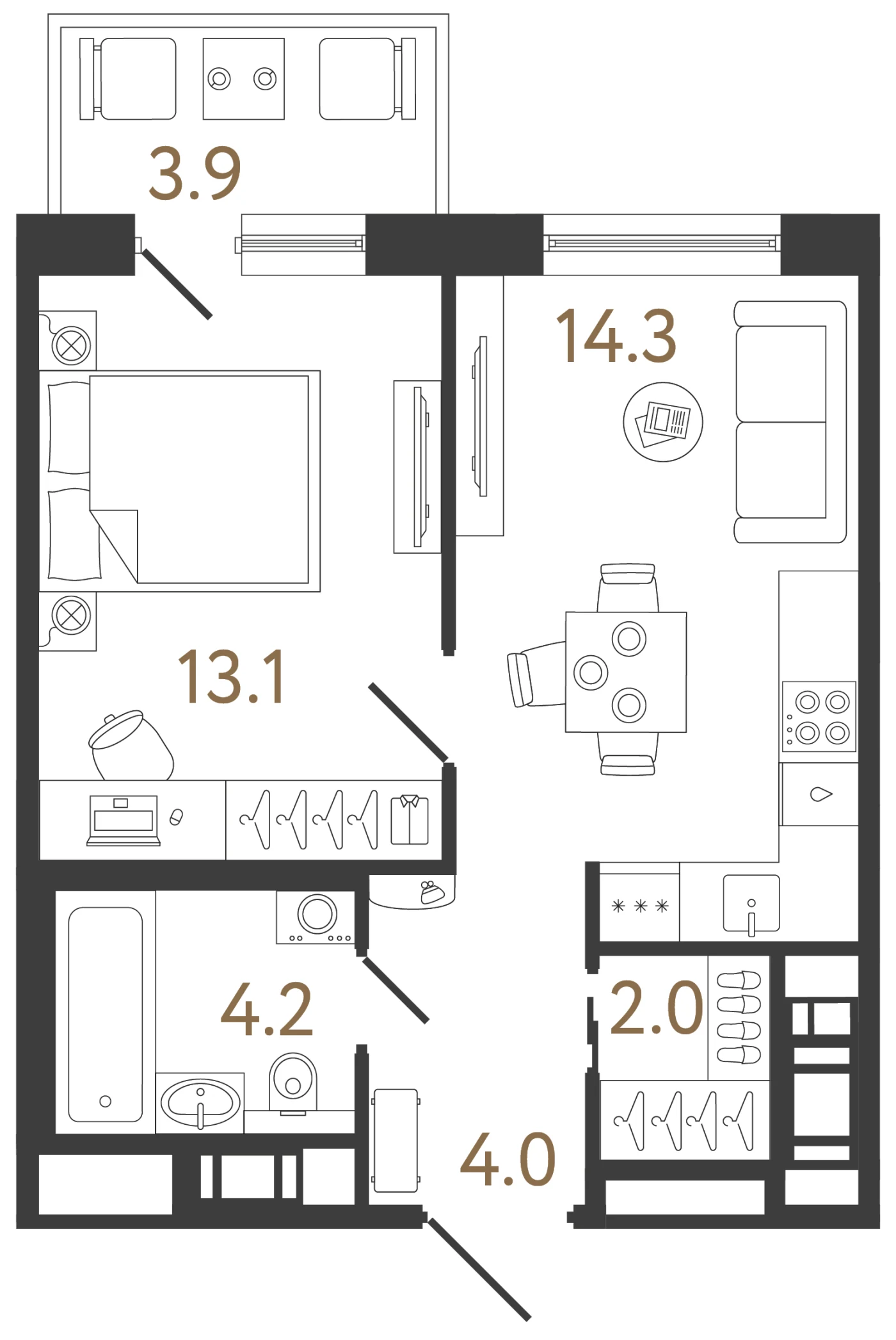Планировка 1-комнатная 37,6 м² в жилом комплексе «Передвижники 2» — Жилой комплекс «Передвижники 2»