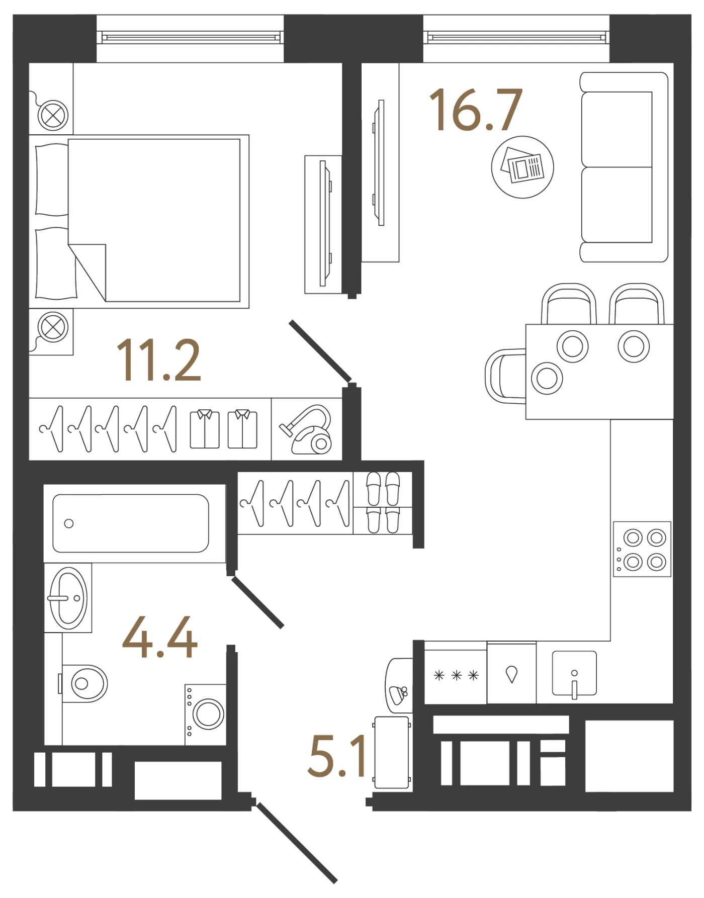 Планировка 1-комнатная 37,4 м² в жилом комплексе «Передвижники 2» — Жилой комплекс «Передвижники 2»