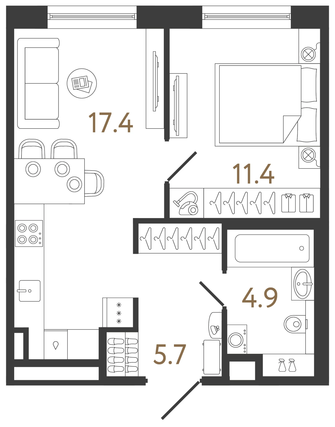 Планировка 1-комнатная 39,4 м² в жилом комплексе «Передвижники 2» — Жилой комплекс «Передвижники 2»