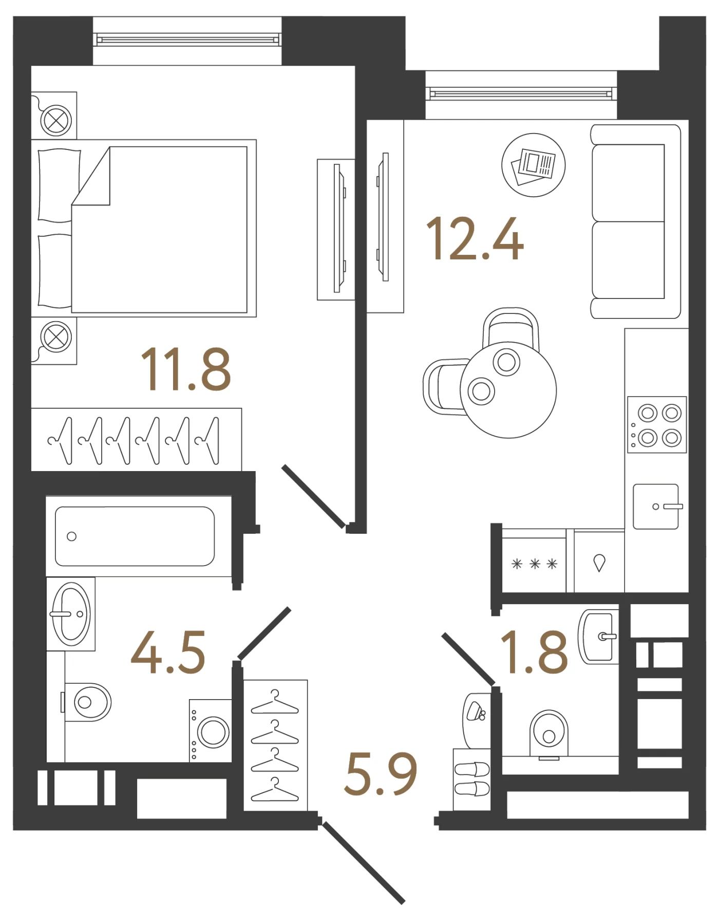 Планировка 1-комнатная 36,4 м² в жилом комплексе «Передвижники 2» — Жилой комплекс «Передвижники 2»
