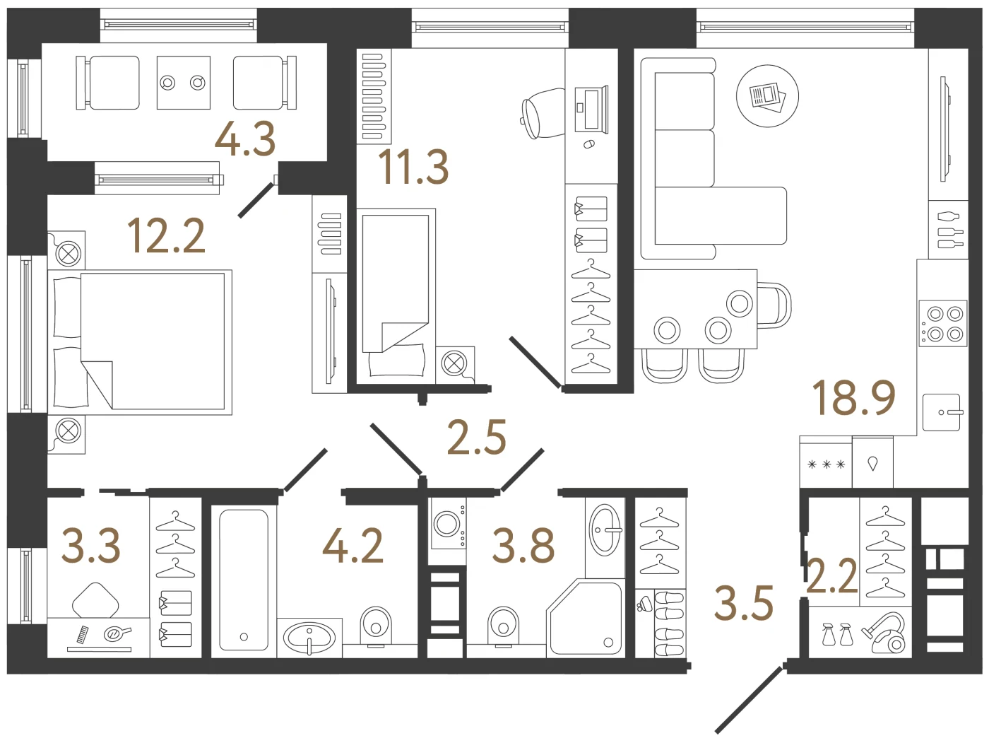 Планировка 2-комнатная 61,9 м² в жилом комплексе «Передвижники 2» — Жилой комплекс «Передвижники 2»