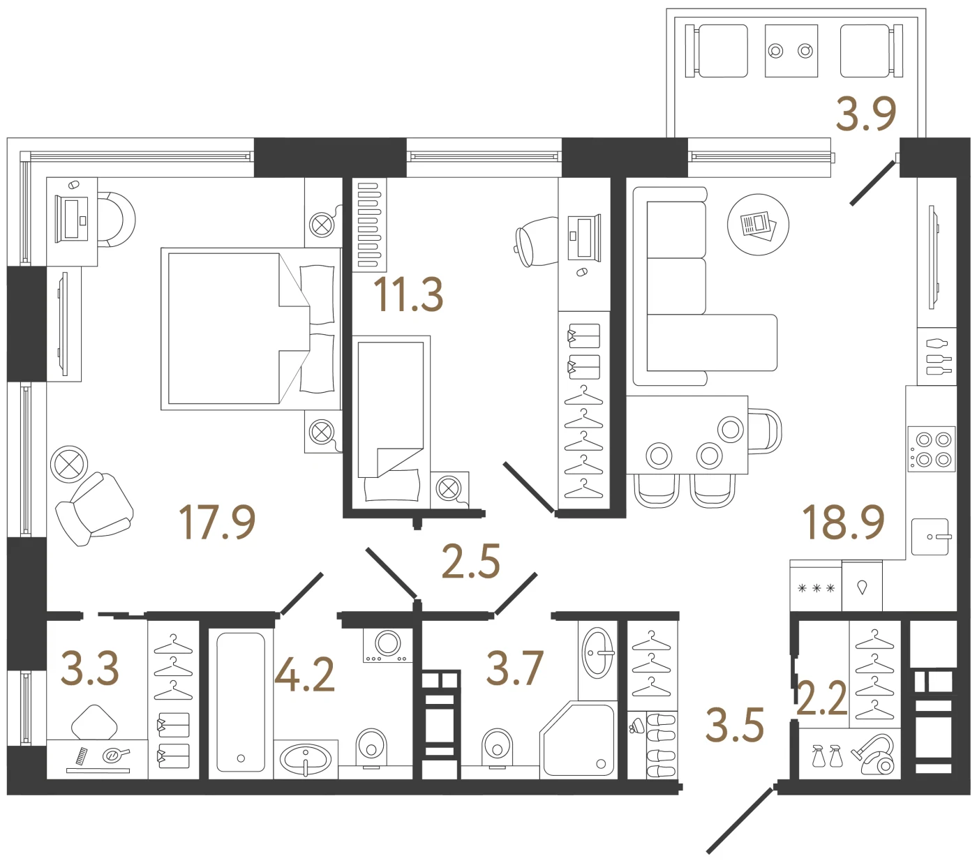 Планировка 2-комнатная 67,5 м² в жилом комплексе «Передвижники 2» — Жилой комплекс «Передвижники 2»