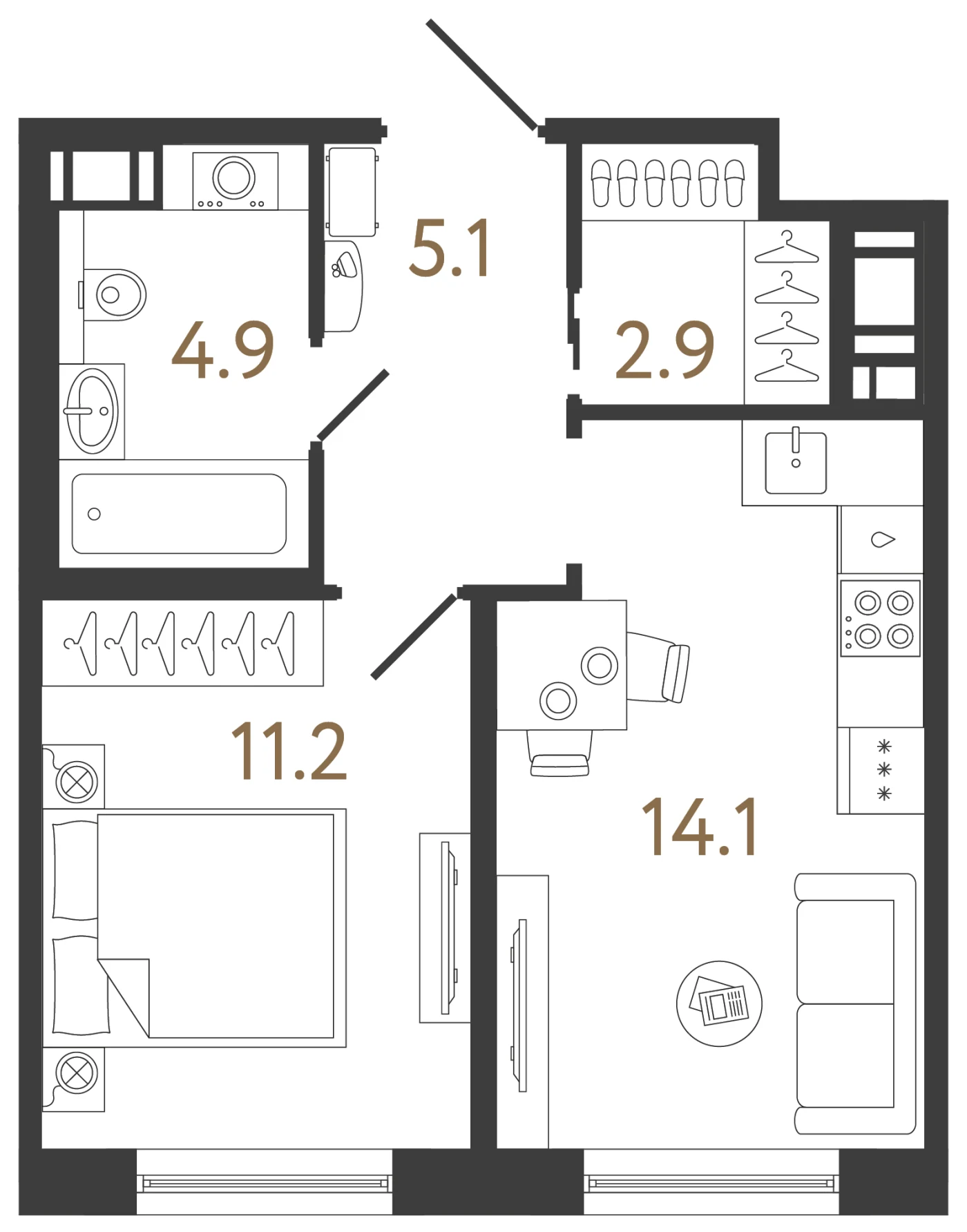 Планировка 1-комнатная 38,2 м² в жилом комплексе «Передвижники 2» — Жилой комплекс «Передвижники 2»