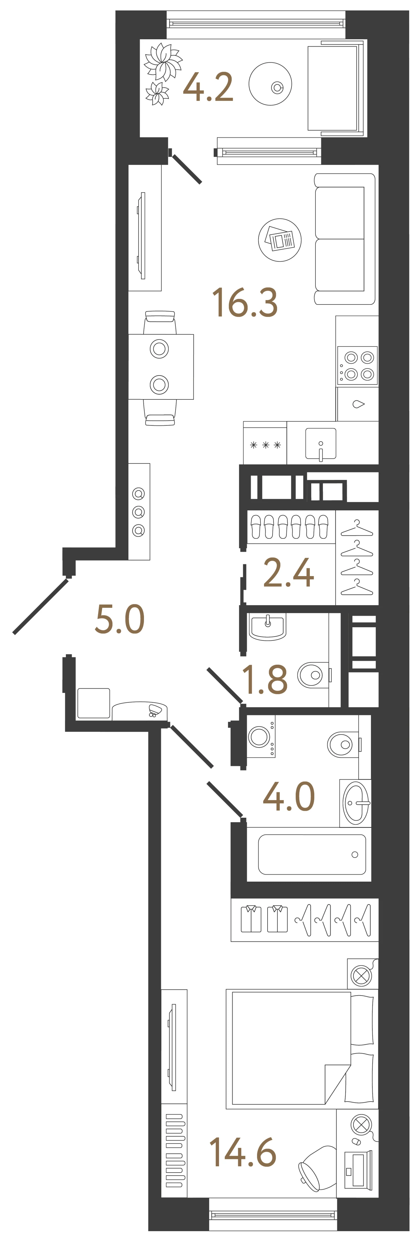 Планировка 1-комнатная 44,1 м² в жилом комплексе «Передвижники 2» — Жилой комплекс «Передвижники 2»