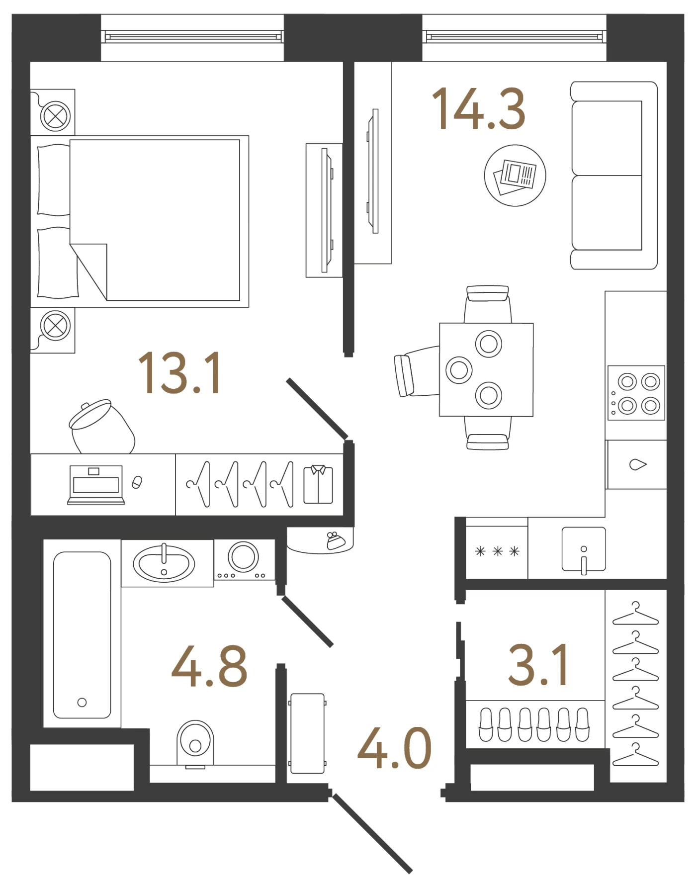 Планировка 1-комнатная 39,3 м² в жилом комплексе «Передвижники 2» — Жилой комплекс «Передвижники 2»