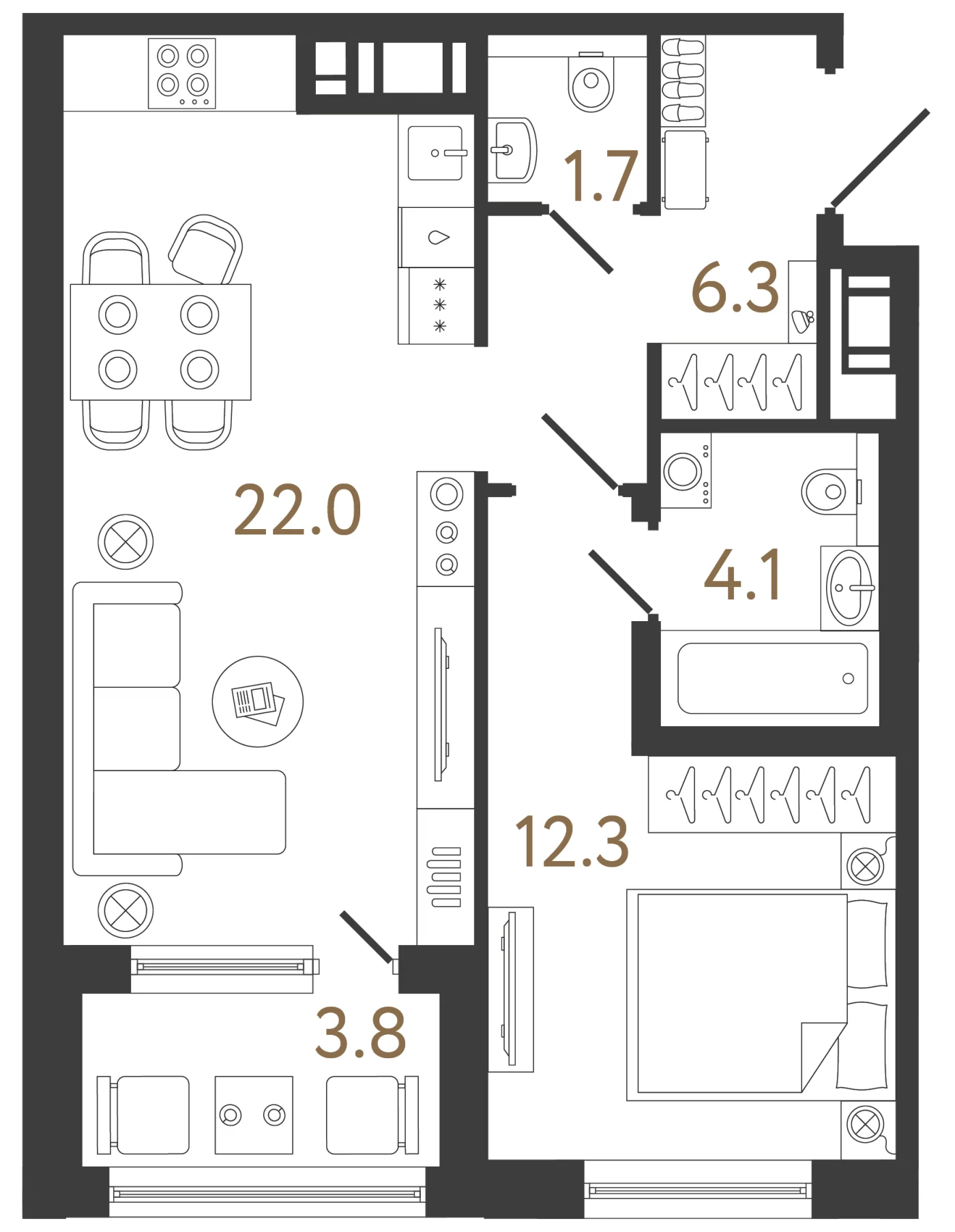 Планировка 1-комнатная 46,4 м² в жилом комплексе «Передвижники 2» — Жилой комплекс «Передвижники 2»