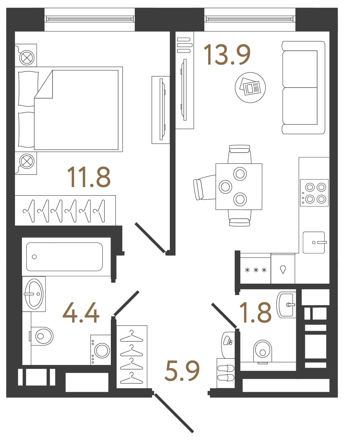 Планировка 1-комнатная 37,8 м² в жилом комплексе «Передвижники 2» — Жилой комплекс «Передвижники 2»