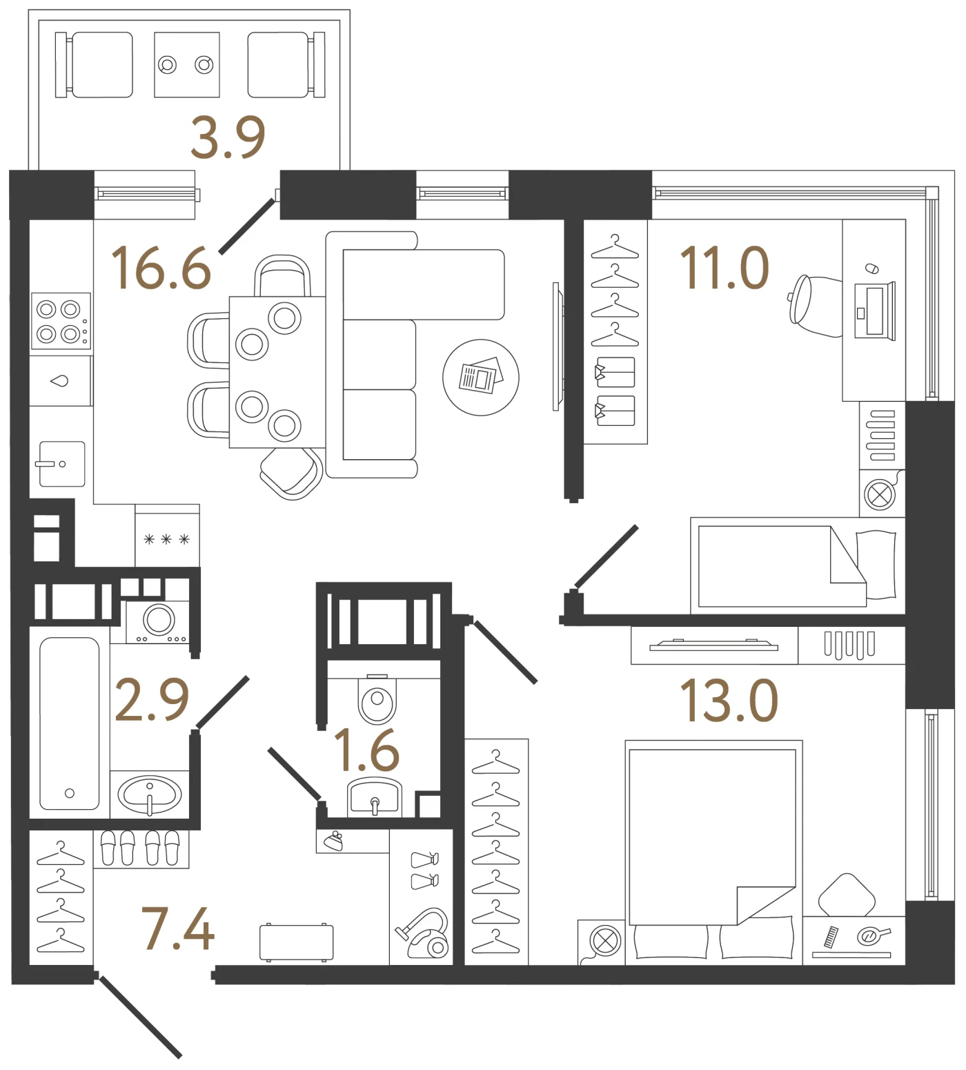 Планировка 2-комнатная 52,5 м² в жилом комплексе «Передвижники 2» — Жилой комплекс «Передвижники 2»