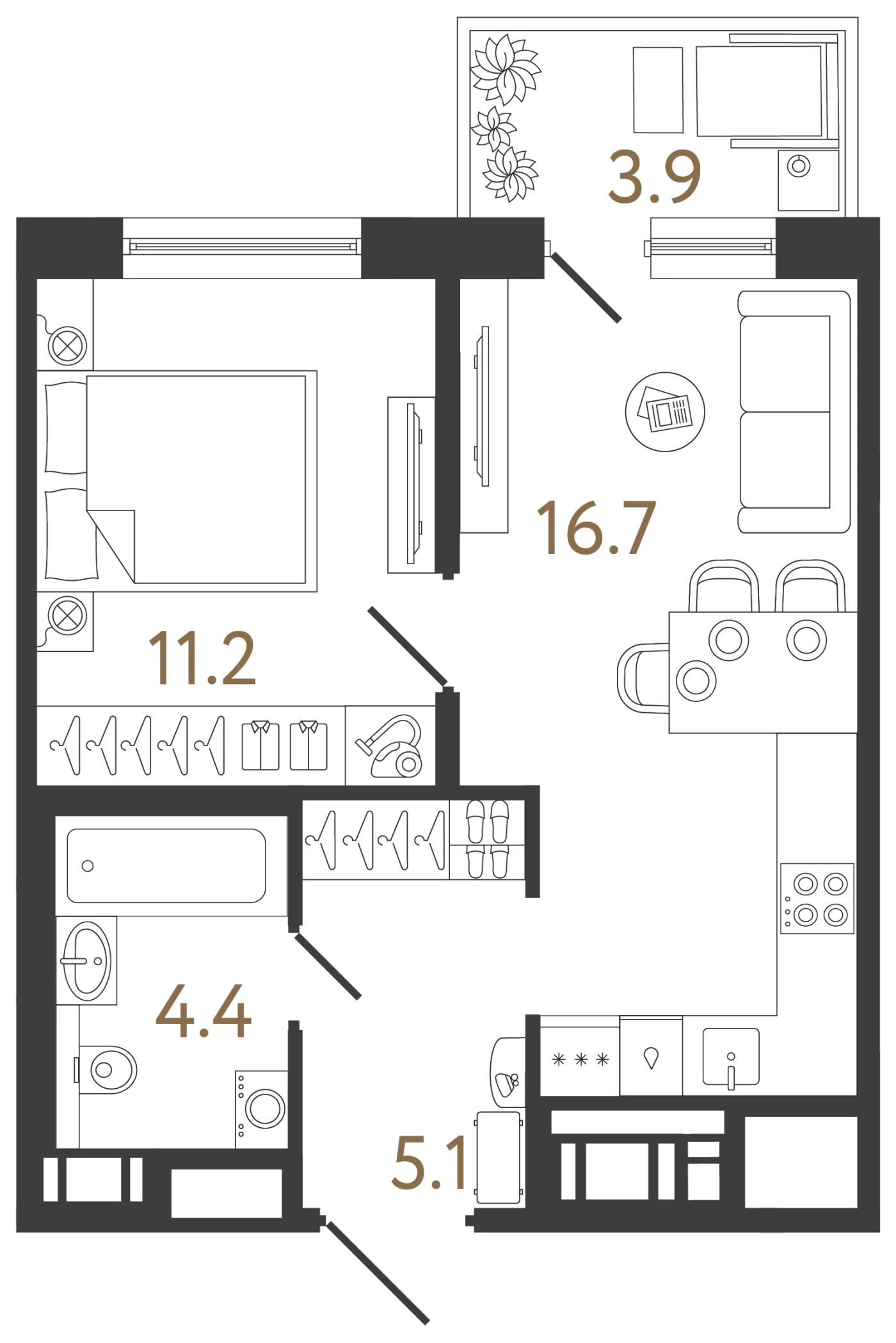 Планировка 1-комнатная 37,4 м² в жилом комплексе «Передвижники 2» — Жилой комплекс «Передвижники 2»