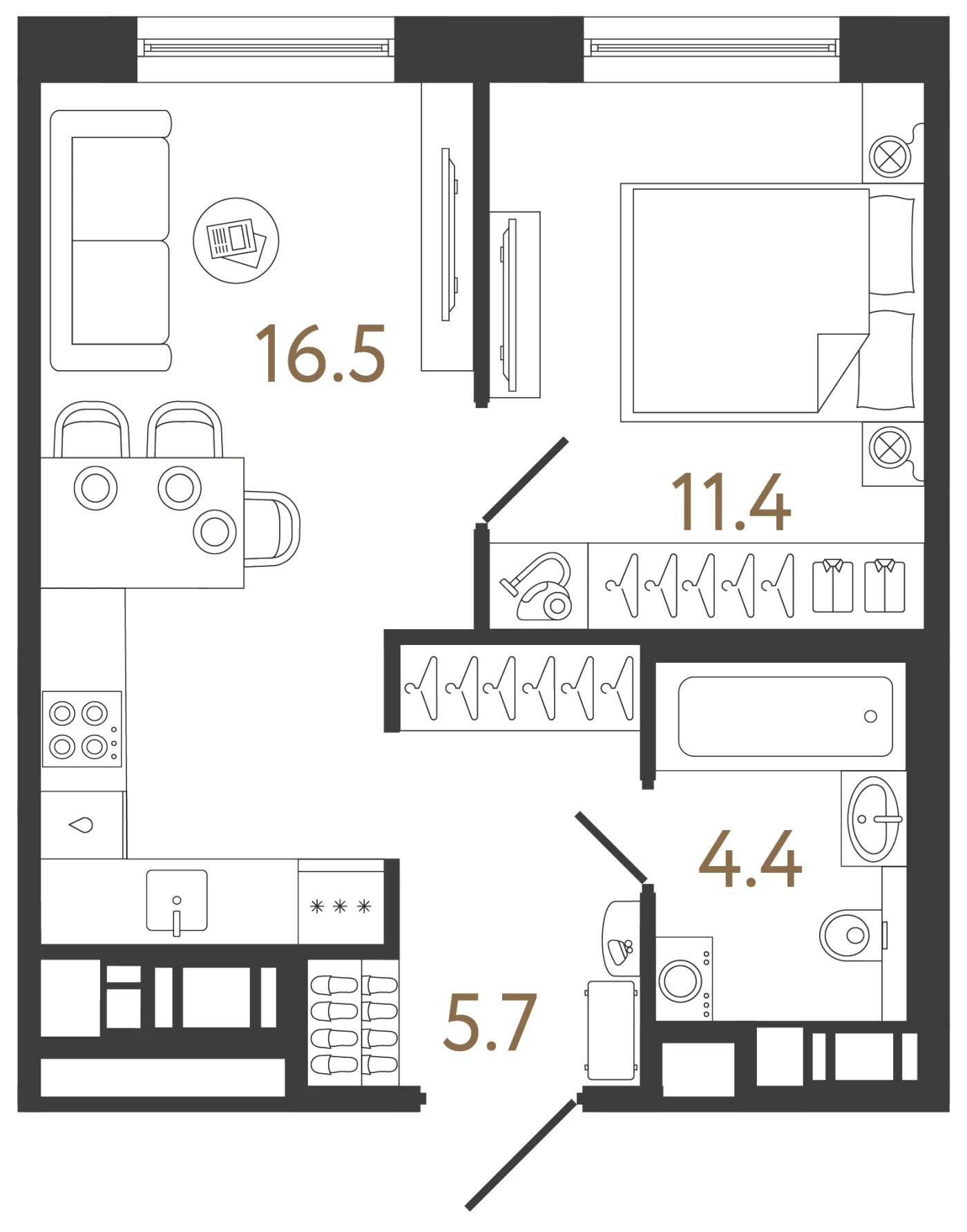 Планировка 1-комнатная 38 м² в жилом комплексе «Передвижники 2» — Жилой комплекс «Передвижники 2»