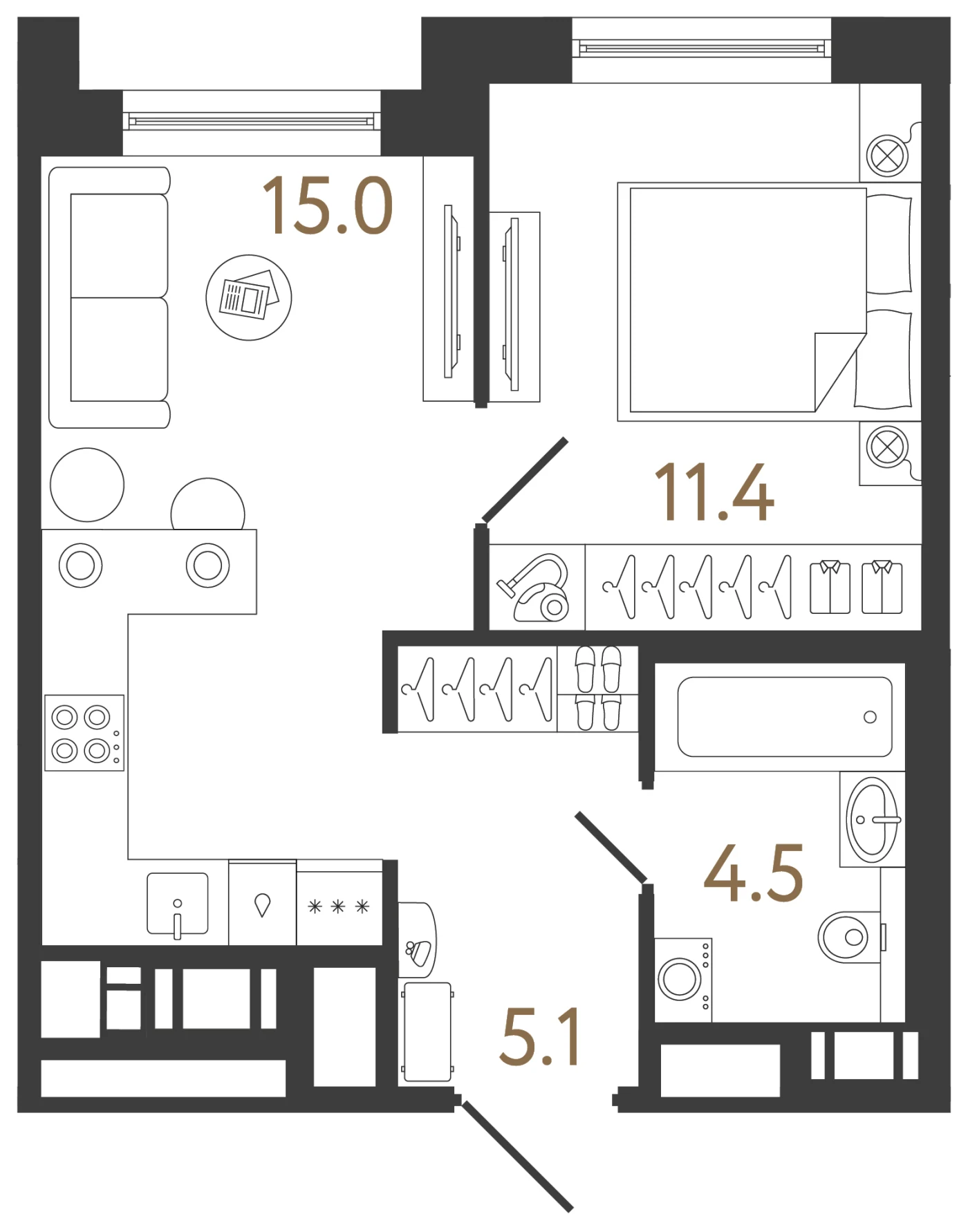Планировка 1-комнатная 36 м² в жилом комплексе «Передвижники 2» — Жилой комплекс «Передвижники 2»