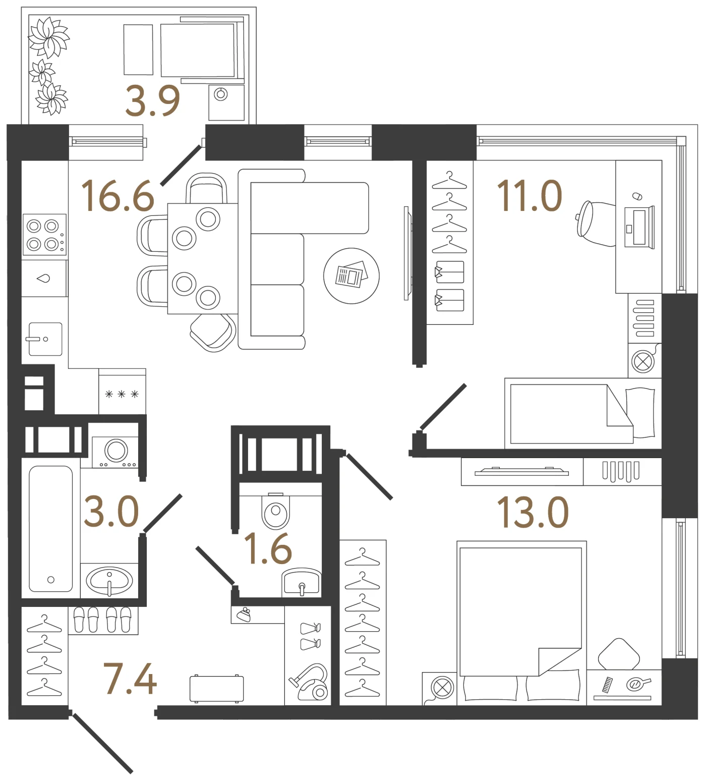 Планировка 2-комнатная 52,6 м² в жилом комплексе «Передвижники 2» — Жилой комплекс «Передвижники 2»