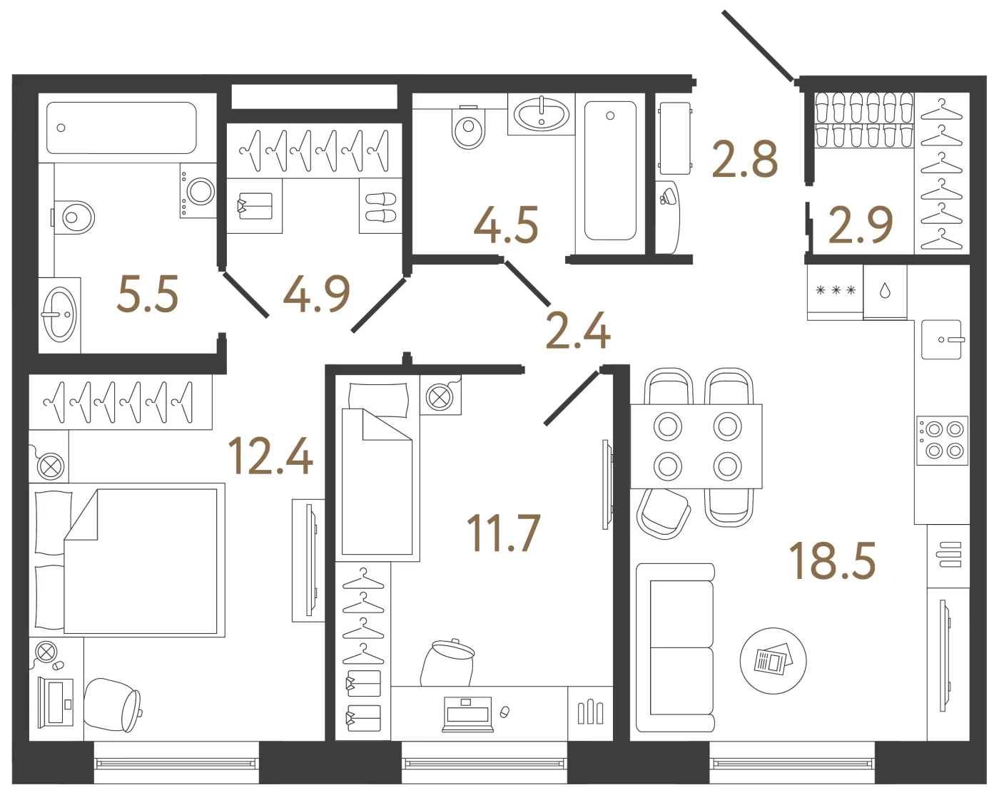 Планировка 2-комнатная 65,6 м² в жилом комплексе «Передвижники 2» — Жилой комплекс «Передвижники 2»