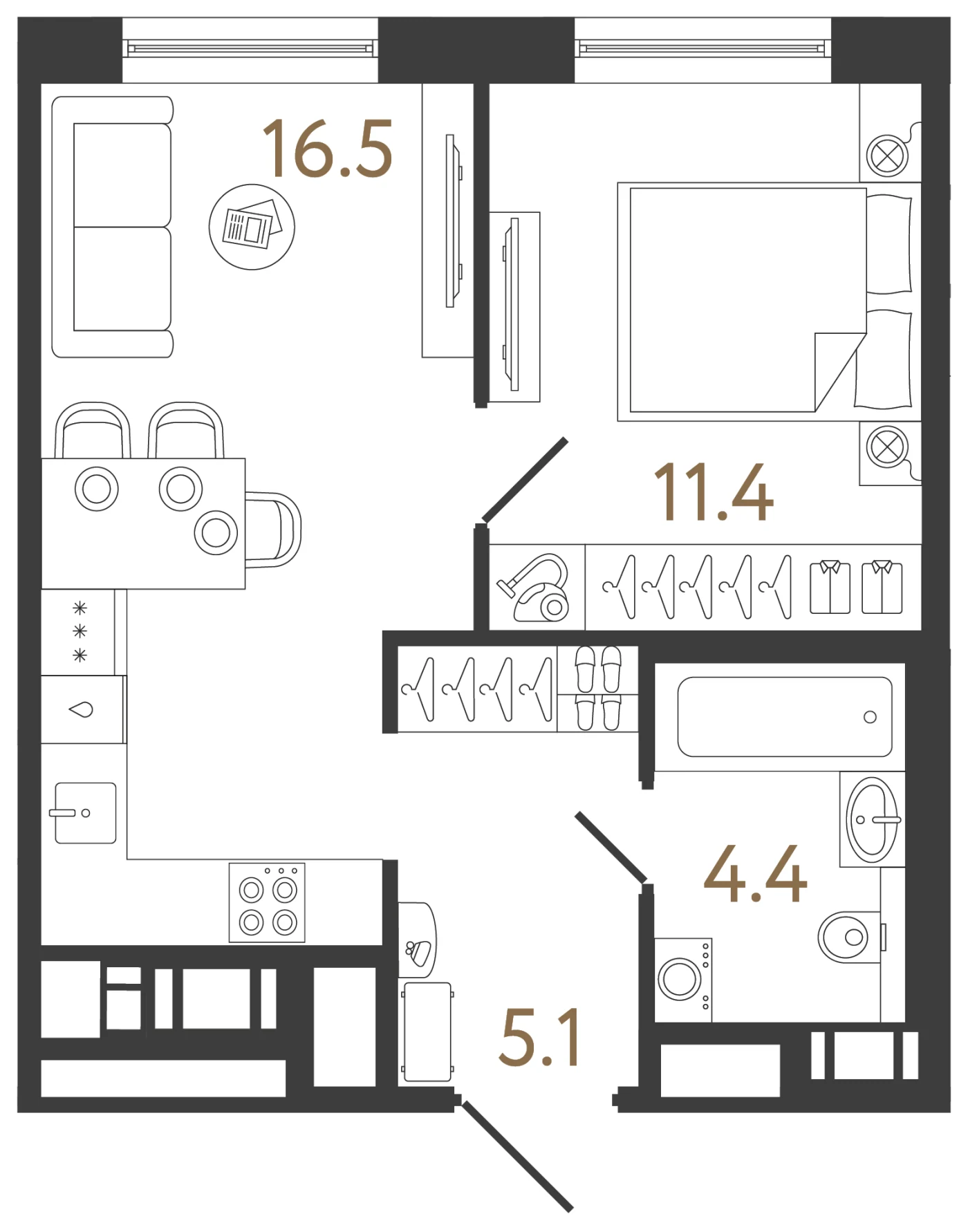 Планировка 1-комнатная 37,4 м² в жилом комплексе «Передвижники 2» — Жилой комплекс «Передвижники 2»