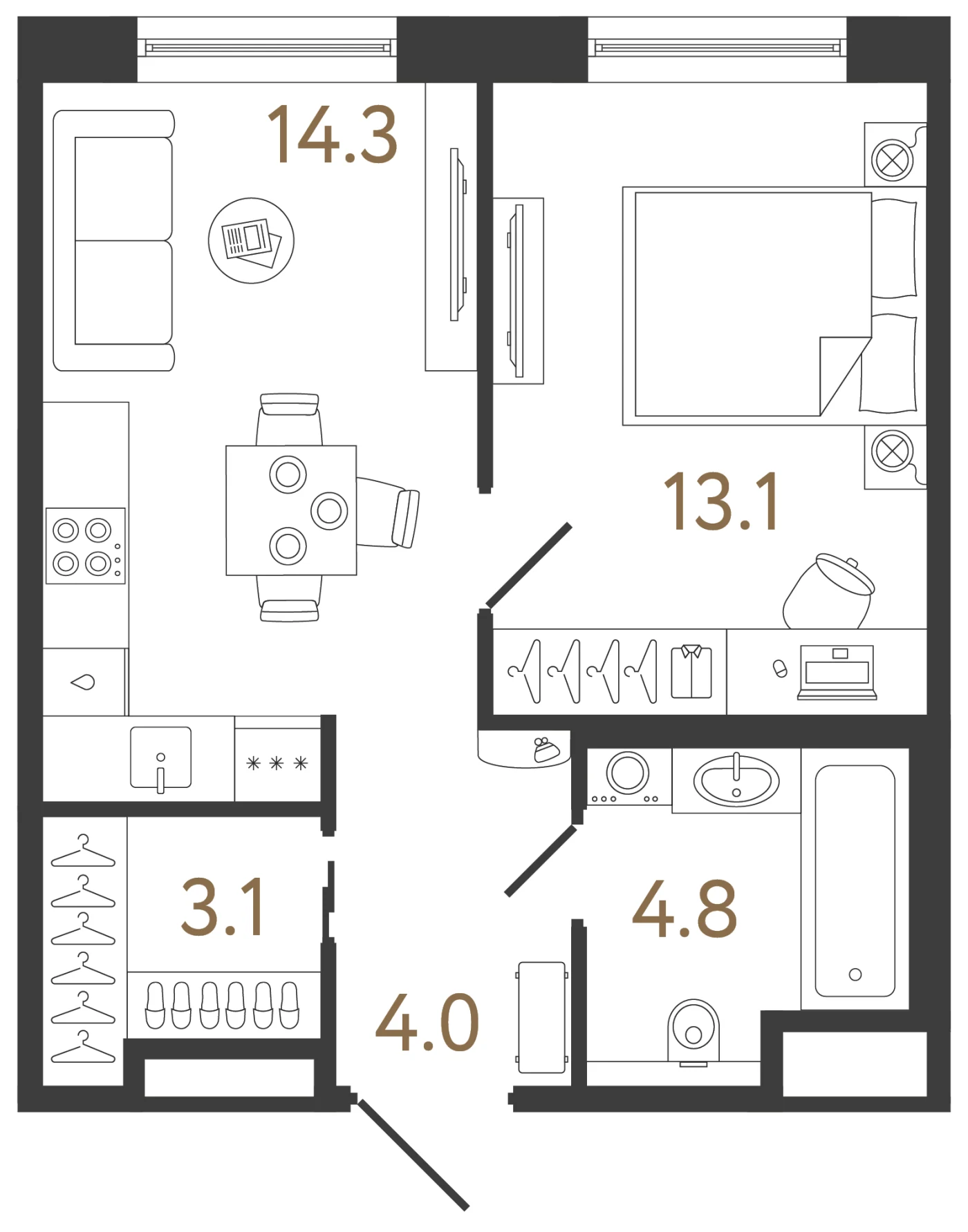 Планировка 1-комнатная 39,3 м² в жилом комплексе «Передвижники 2» — Жилой комплекс «Передвижники 2»