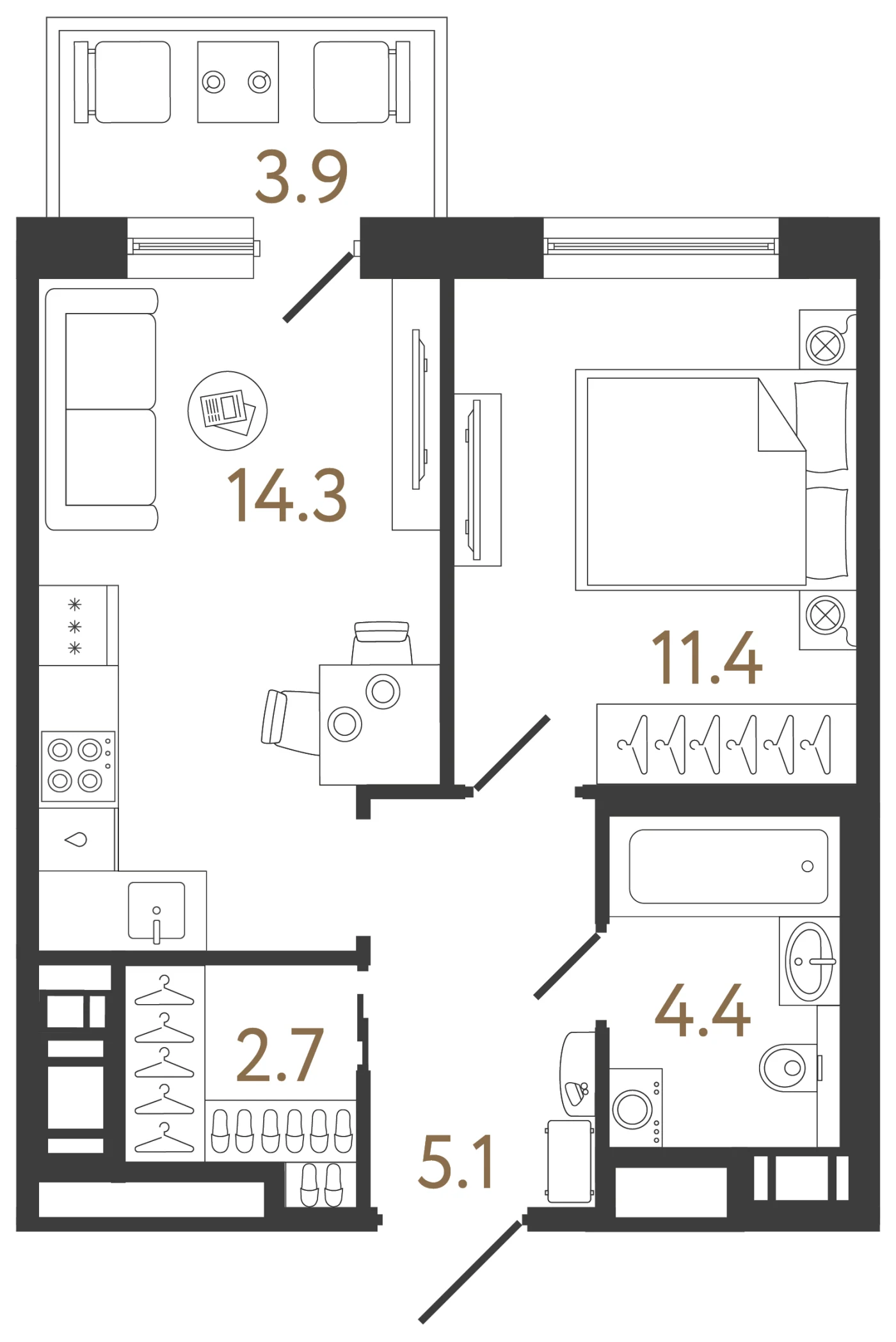Планировка 1-комнатная 37,9 м² в жилом комплексе «Передвижники 2» — Жилой комплекс «Передвижники 2»