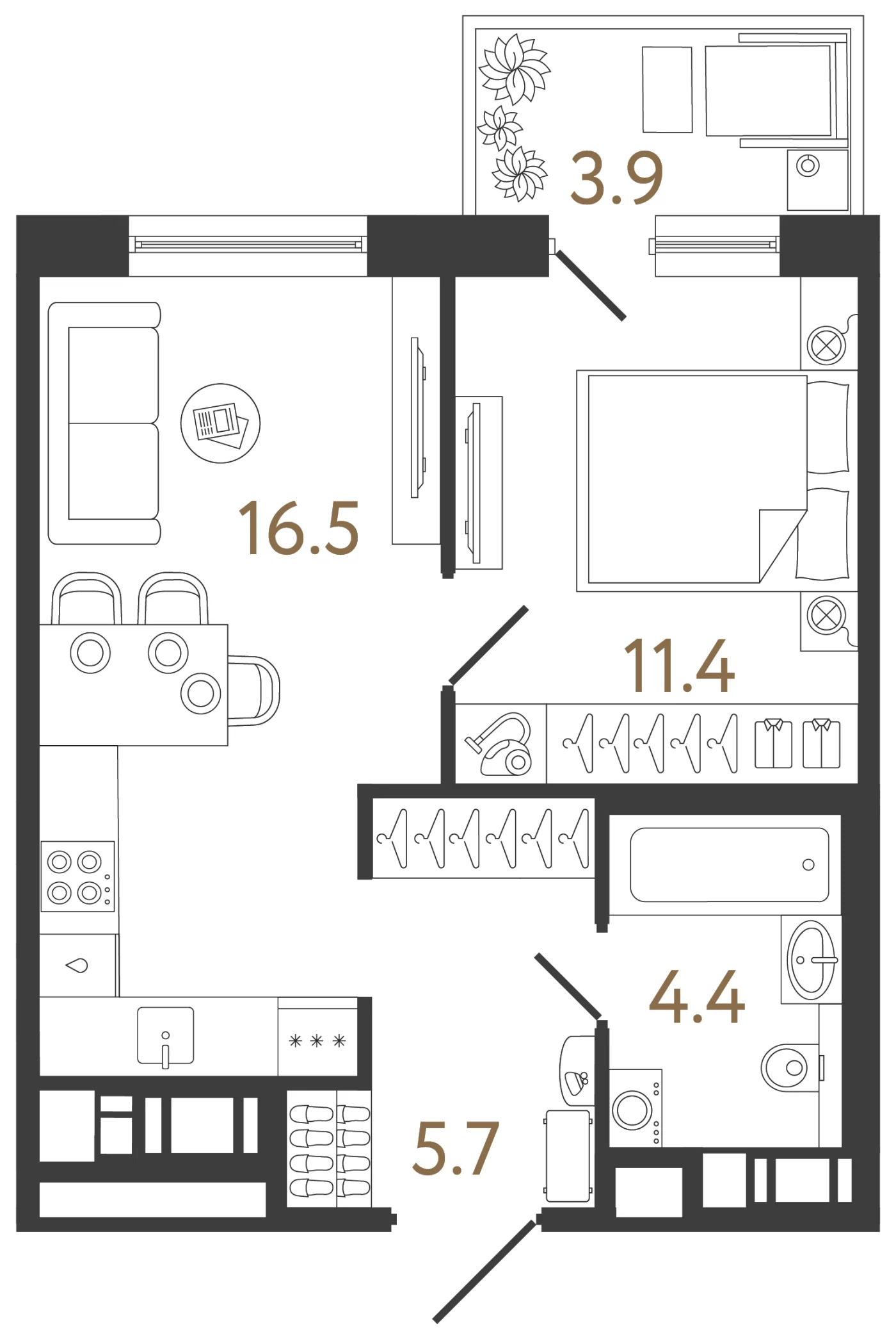 Планировка 1-комнатная 38 м² в жилом комплексе «Передвижники 2» — Жилой комплекс «Передвижники 2»