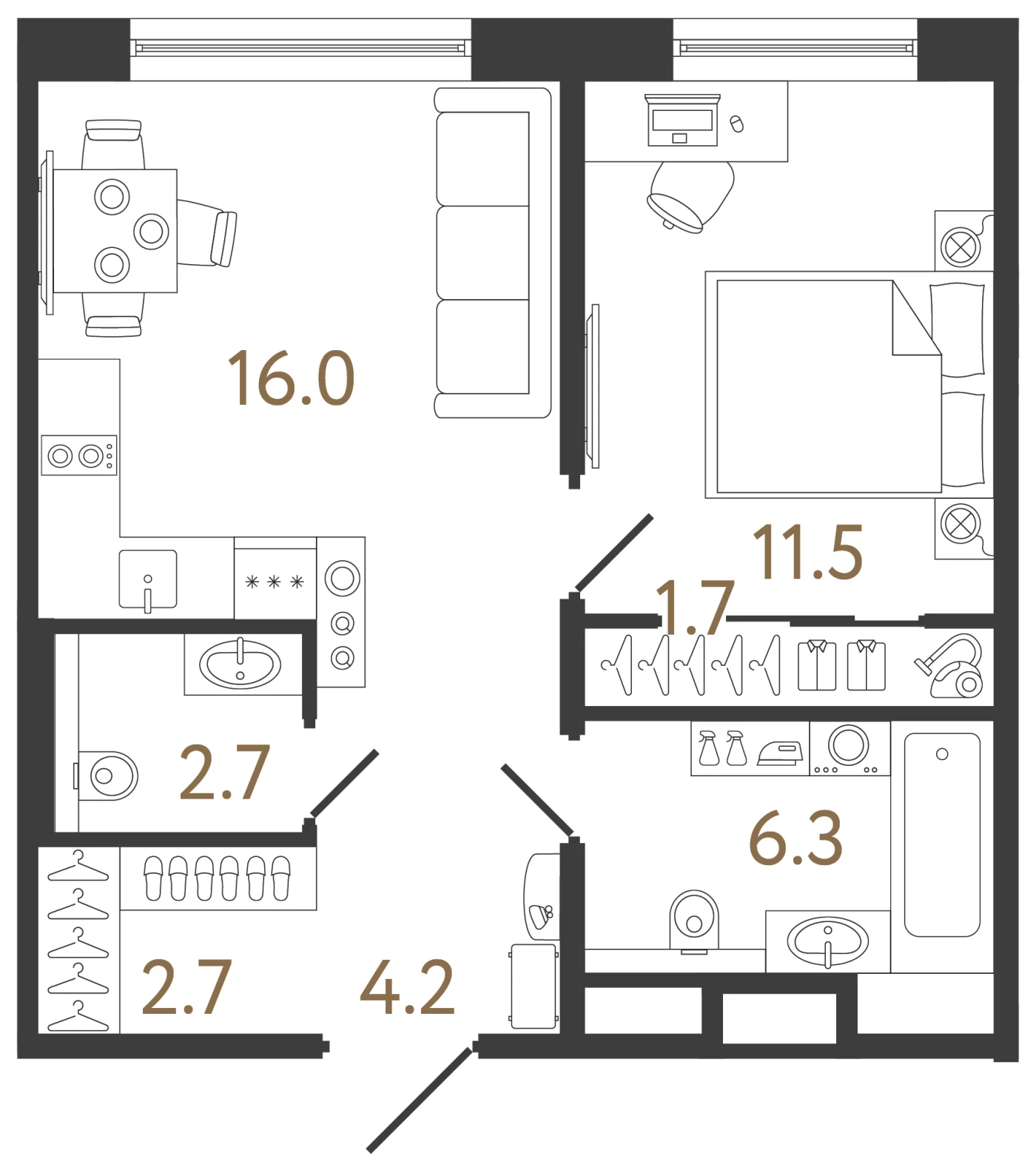 Планировка 1-комнатная 45,1 м² в жилом комплексе «Передвижники 2» — Жилой комплекс «Передвижники 2»