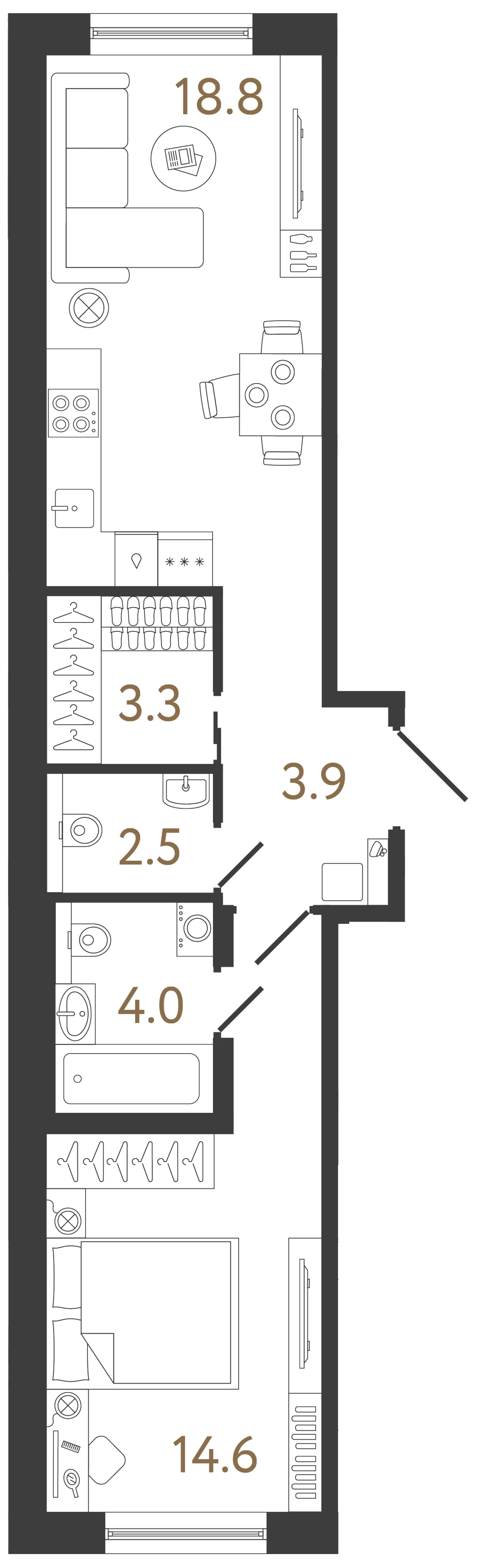 Планировка 1-комнатная 47,1 м² в жилом комплексе «Передвижники 2» — Жилой комплекс «Передвижники 2»