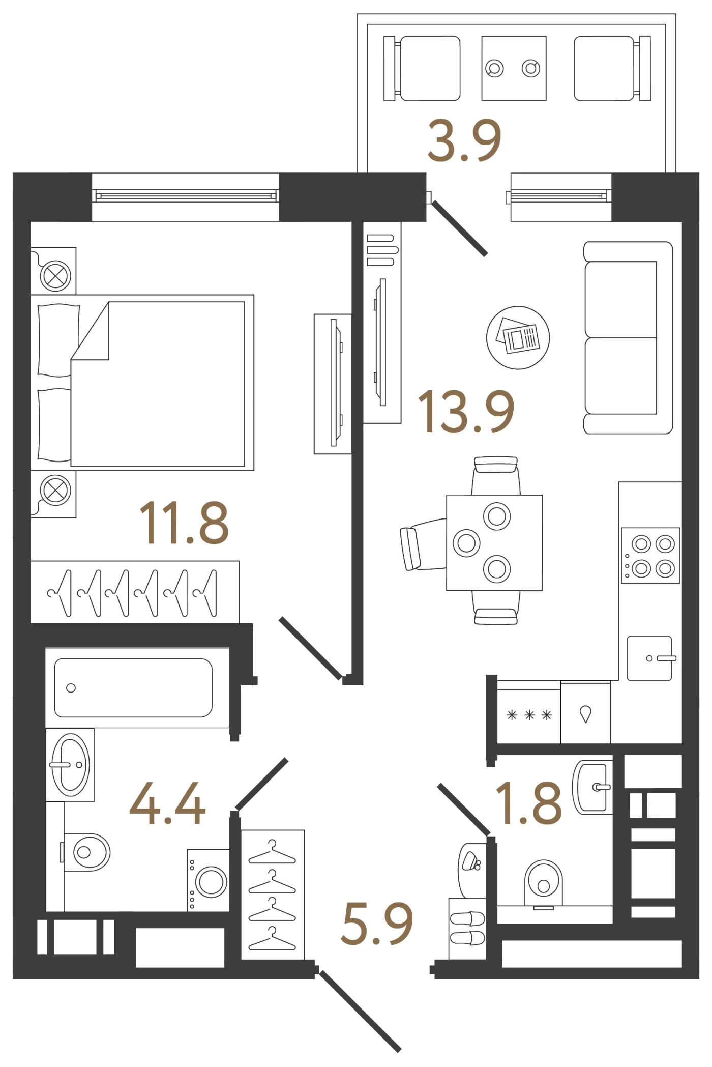 Планировка 1-комнатная 37,8 м² в жилом комплексе «Передвижники 2» — Жилой комплекс «Передвижники 2»