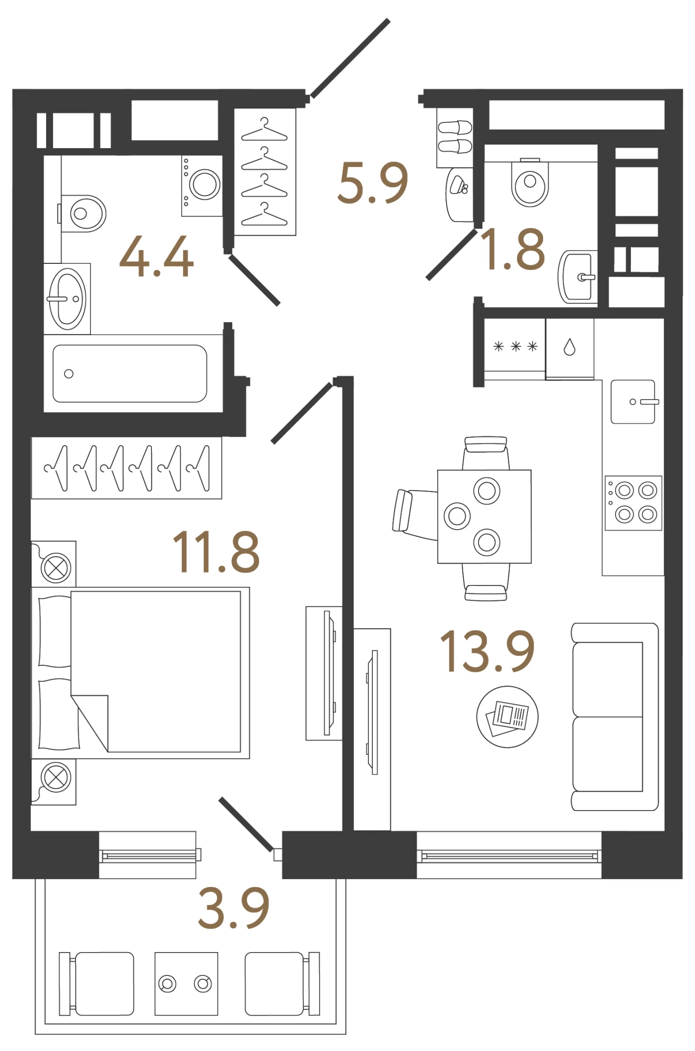 Планировка 1-комнатная 37,8 м² в жилом комплексе «Передвижники 2» — Жилой комплекс «Передвижники 2»
