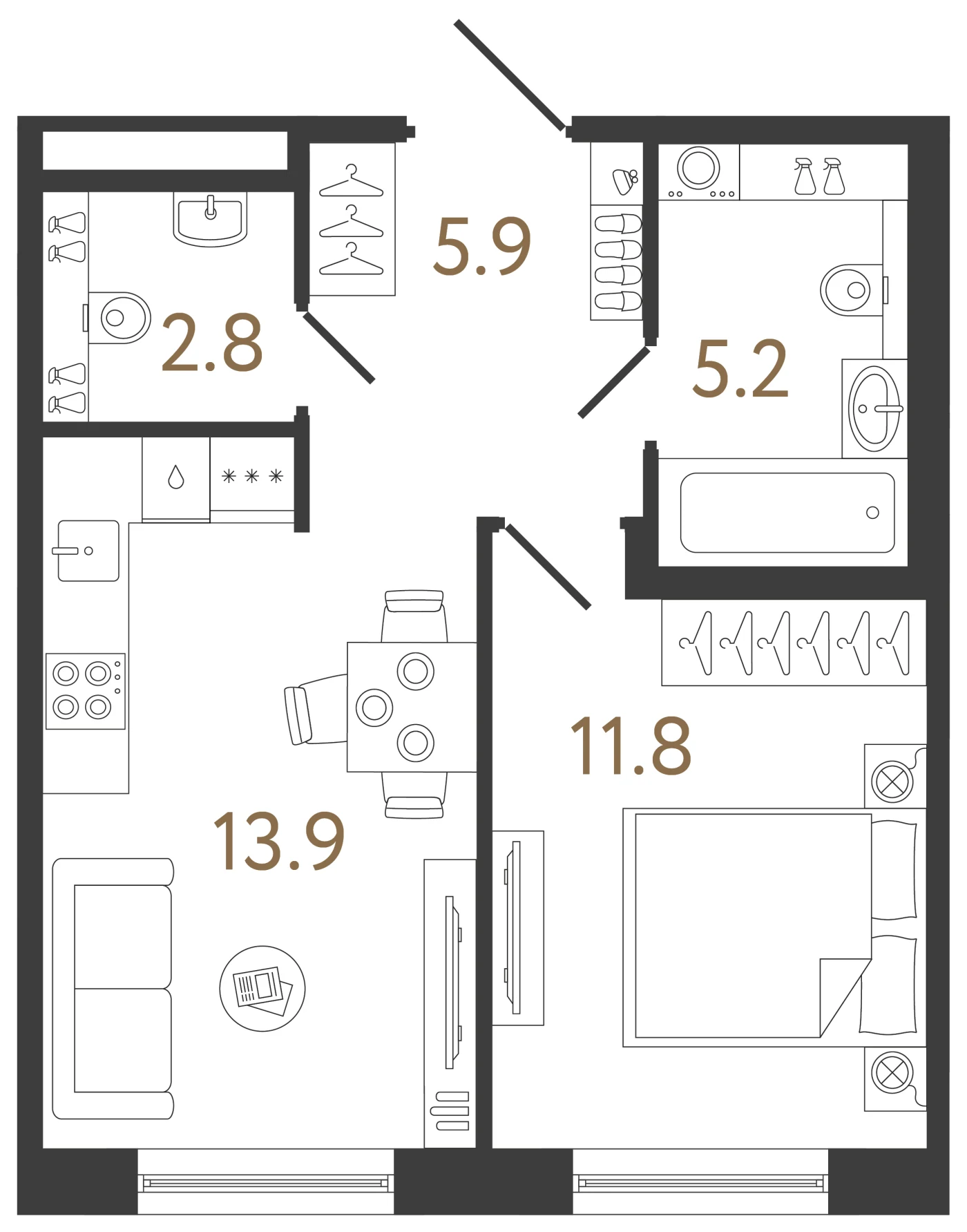 Планировка 1-комнатная 39,6 м² в жилом комплексе «Передвижники 2» — Жилой комплекс «Передвижники 2»