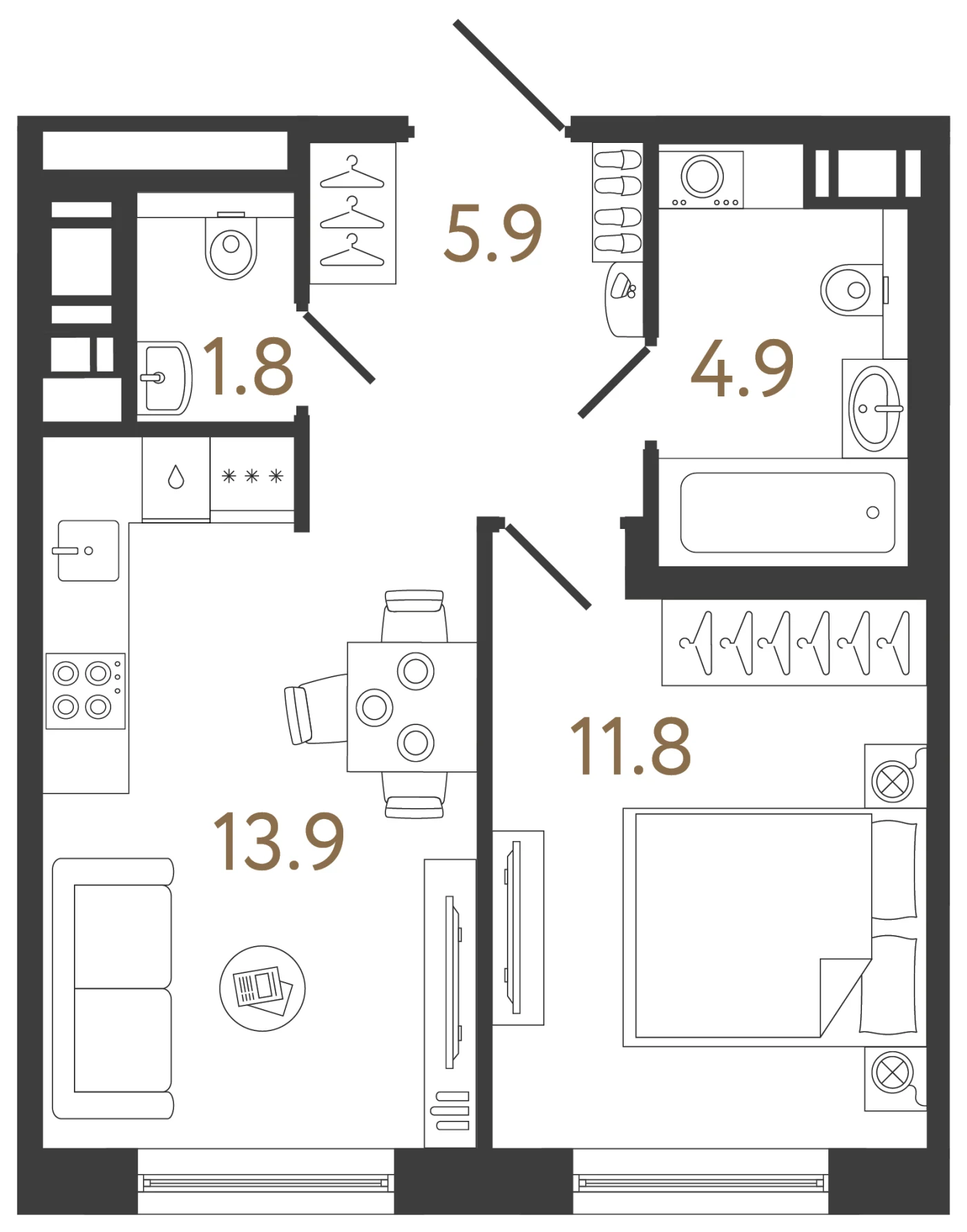 Планировка 1-комнатная 38,3 м² в жилом комплексе «Передвижники 2» — Жилой комплекс «Передвижники 2»