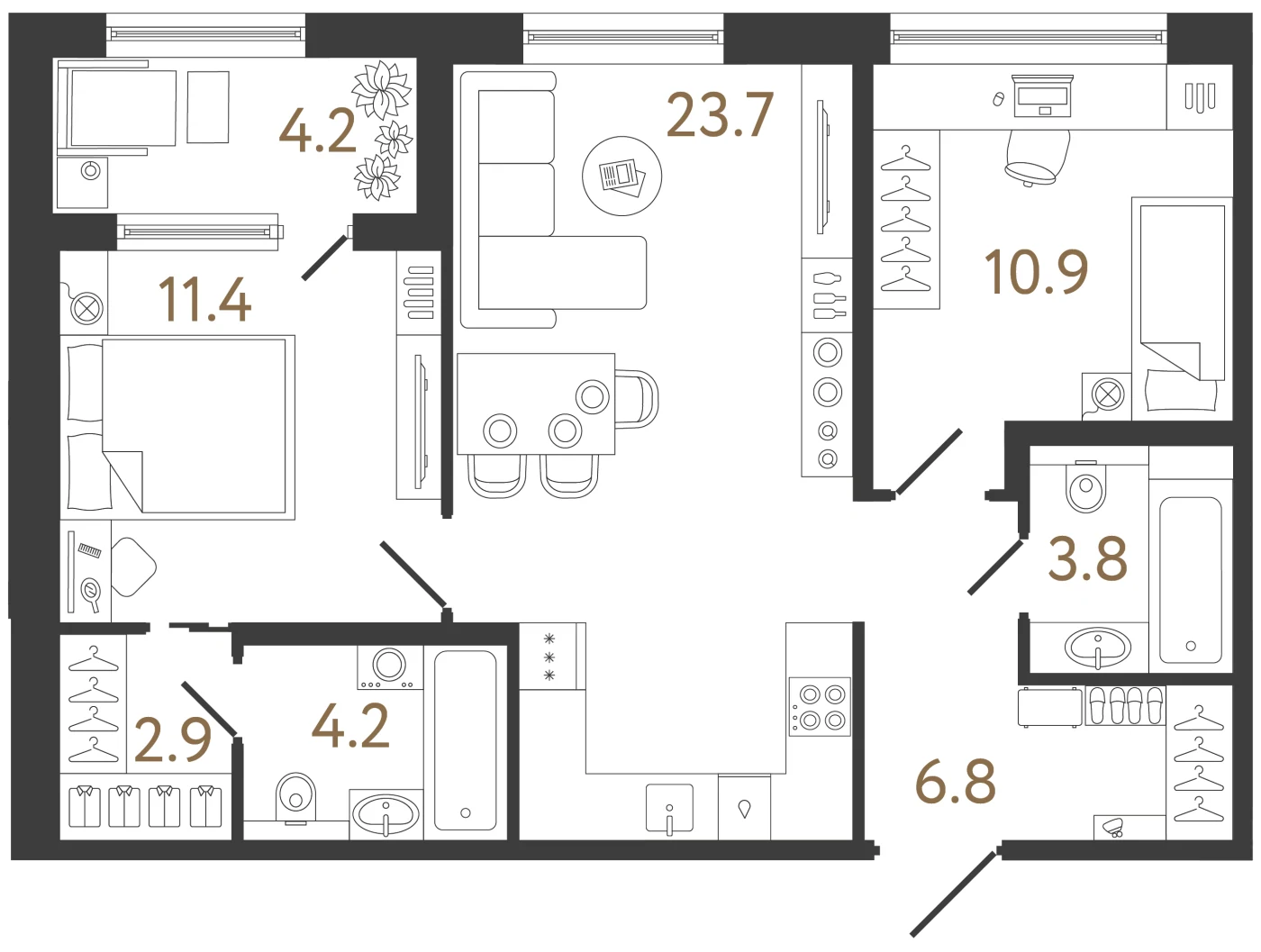 Планировка 2-комнатная 63,7 м² в жилом комплексе «Передвижники 2» — Жилой комплекс «Передвижники 2»